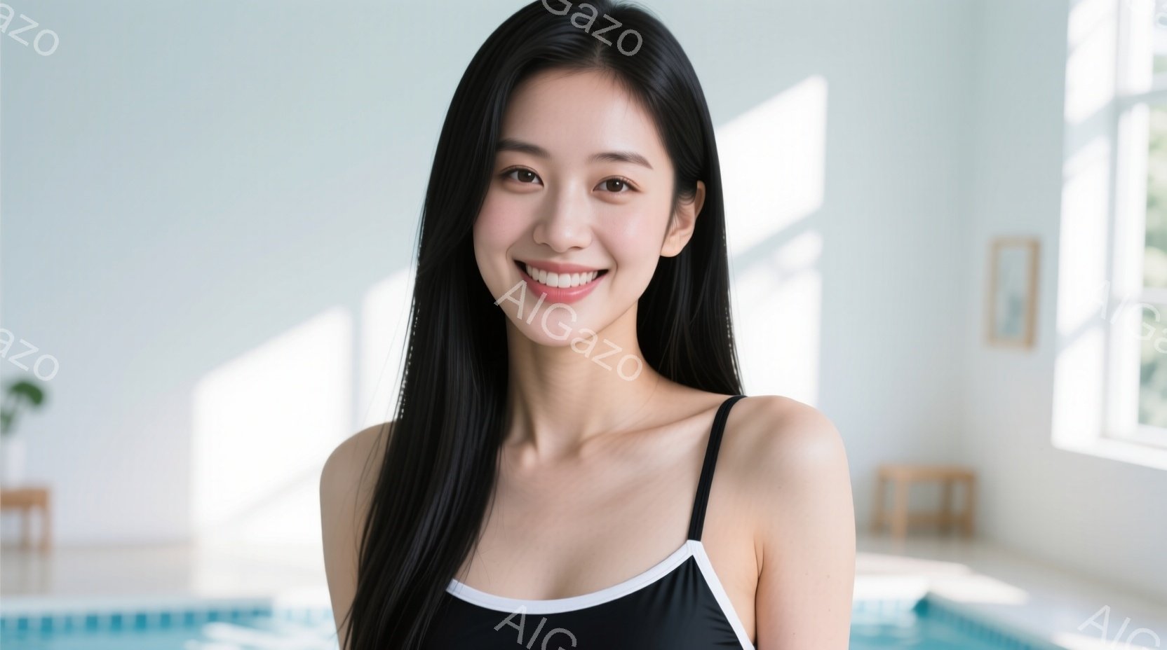 長い黒髪をストレートに下ろした女性が、黒い水着に白い縁取りのトップスを着て微笑んでいます。彼女は正面を向き、リラックスした姿勢で、背景には明るい室内プールが見えます。全体的に、健康的で明るい雰囲気が漂 - AI生成フリー素材