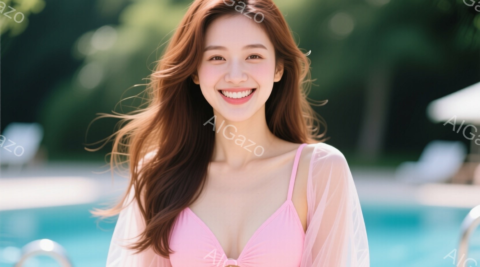 明るい笑顔を浮かべた女性が写っています。ピンク色のビキニに半透明の白いシャツを羽織り、風になびく長い茶色の髪が印象的です。背景には青いプールと緑豊かな植物が見え、晴れた日のリゾート地のような雰囲気を感 - AI生成フリー素材