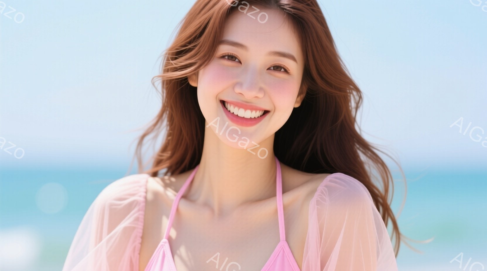 長い茶色の髪を風になびかせ、明るいピンク色の水着の上に薄いシースルーのシャツを着た女性が写っている。彼女は満面の笑みを浮かべ、カメラに向かってポーズをとっている。背景には、ターコイズブルーの海と、晴天の空が広がり、リゾート地の開放感と明るい雰囲気を醸し出している。