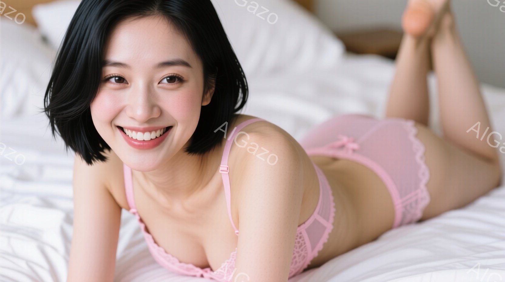 短い黒髪の女性が、ピンク色のレースのブラとショーツを身につけ、白いベッドの上に仰向けに横たわっています。彼女は微笑んでおり、リラックスした表情でカメラを見ています。背景は白いシーツのみで、全体的に柔ら - AI生成フリー素材