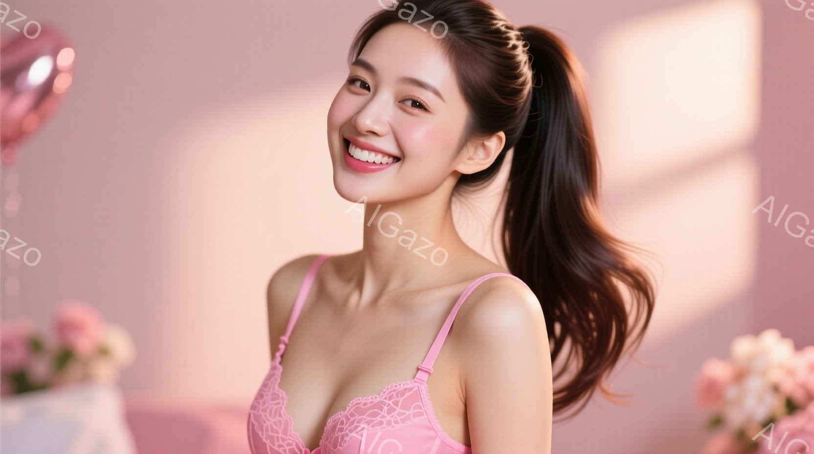 長い茶色の髪をポニーテールにした若い女性が、ピンク色のレースのブラレットとショーツを着用して微笑んでいます。彼女はわずかに横を向き、優雅な姿勢でカメラを見つめています。背景にはぼやけたピンク色の花と風 - AI生成フリー素材