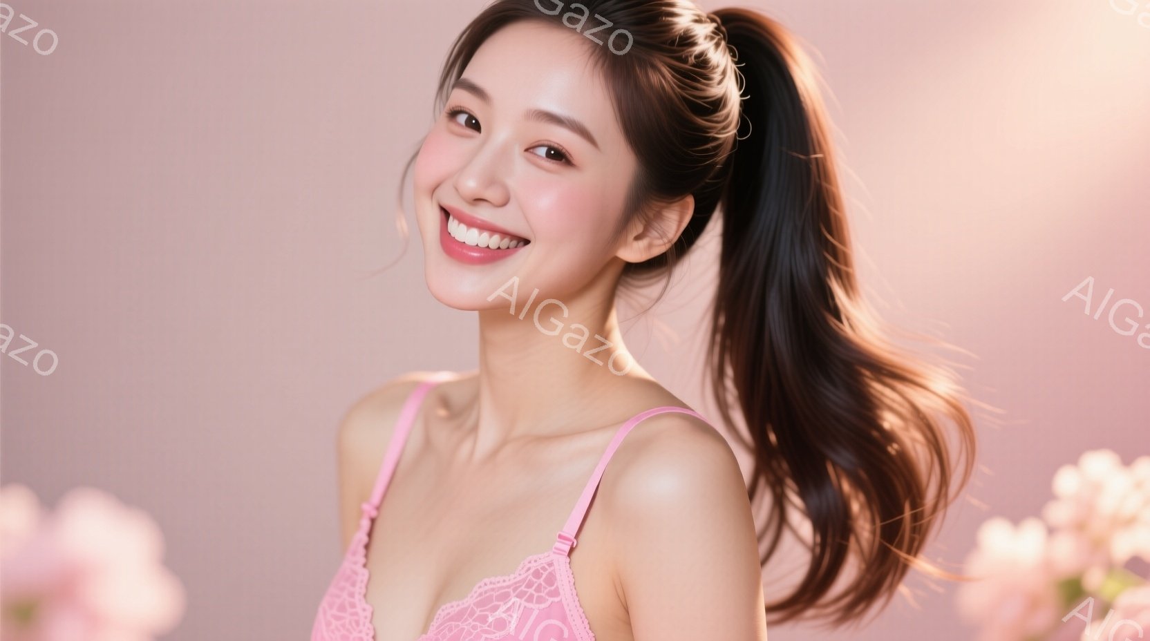 長い黒髪をポニーテールにした若い女性が、ピンク色のレースのブラレットを着て微笑んでいます。彼女は少し横を向き、自然な笑顔で、リラックスした雰囲気です。背景は淡いピンク色で、ぼやけた桜の花が咲いており、 - AI生成フリー素材