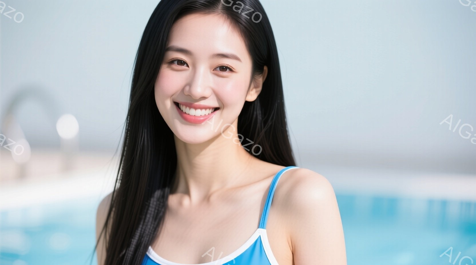長い黒髪の女性が、青い水着の上着を着て、カメラに向かって微笑んでいます。彼女は少し体を傾け、リラックスした姿勢で、背景には水面が広がり、プールサイドの穏やかな雰囲気が漂っています。明るい光と水面の反射 - AI生成フリー素材