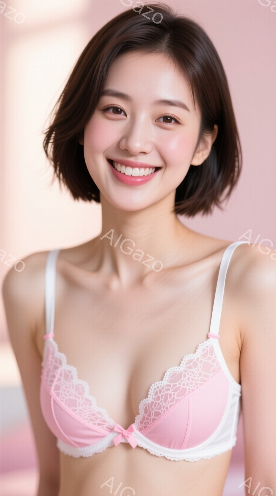 若い女性が、淡いピンク色のレースのブラジャーを着用し、カメラに向かって微笑んでいます。彼女は肩を出し、短い茶色の髪は耳の近くでカットされています。背景は淡いピンク色で、全体的に柔らかく、親しみやすい雰 - AI生成フリー素材