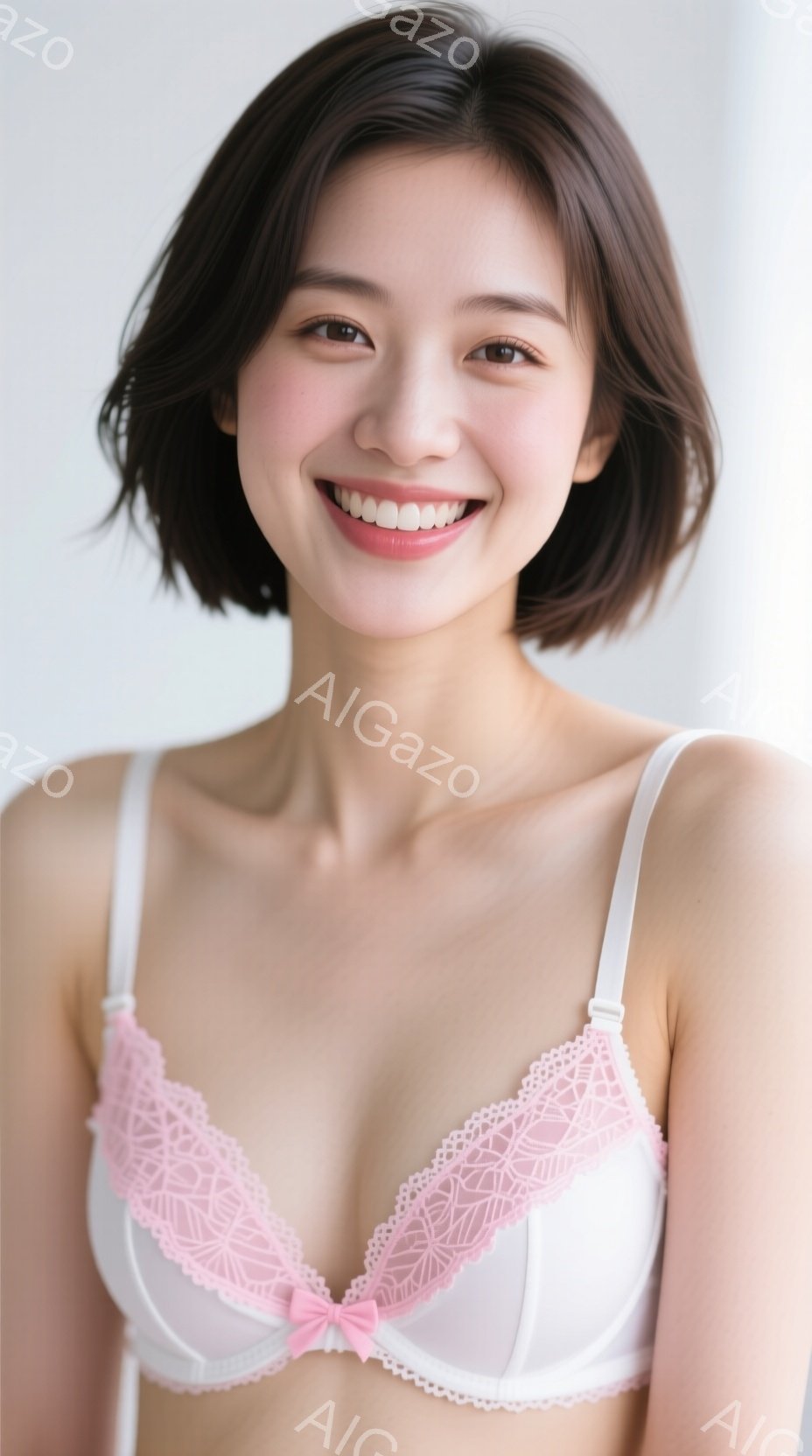 明るい背景を背景に、ピンクと白のレースのブラレットを着た若い女性が写っている。彼女は短い茶髪で、微笑んでおり、リラックスした姿勢で正面を向いている。全体的に、健康的で明るい雰囲気が漂っている。 - AI生成フリー素材