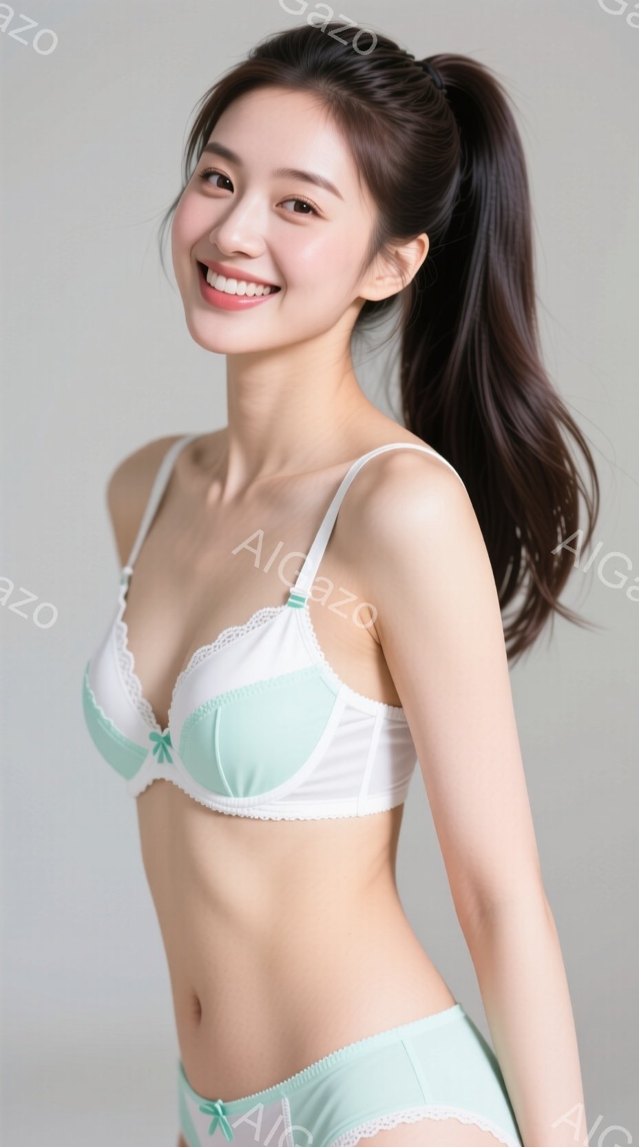 若い女性が、淡いミントグリーンのレース付きブラとショーツを身に着けています。彼女は軽く微笑み、髪は高いポニーテールに結ばれています。背景は白く、女性が際立っており、全体的に清潔感とフレッシュな印象を与 - AI生成フリー素材