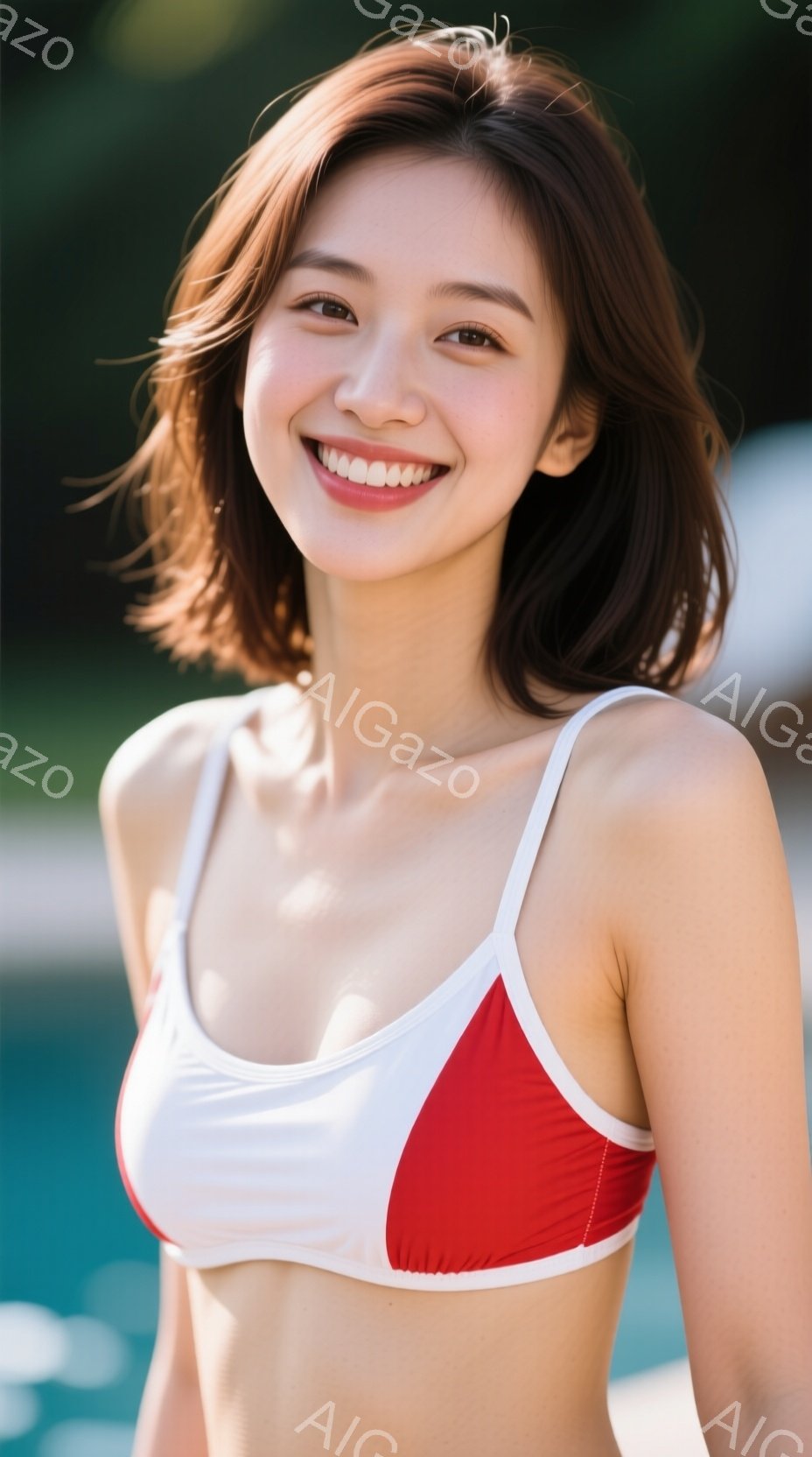 明るい笑顔を浮かべた若い女性が写っている。彼女は赤と白のバイカラーのビキニトップを着ており、肩を少し露出したスタイルである。背景には青い水面が見え、屋外で晴天の下で撮影された写真であることがわかる。 - AI生成フリー素材