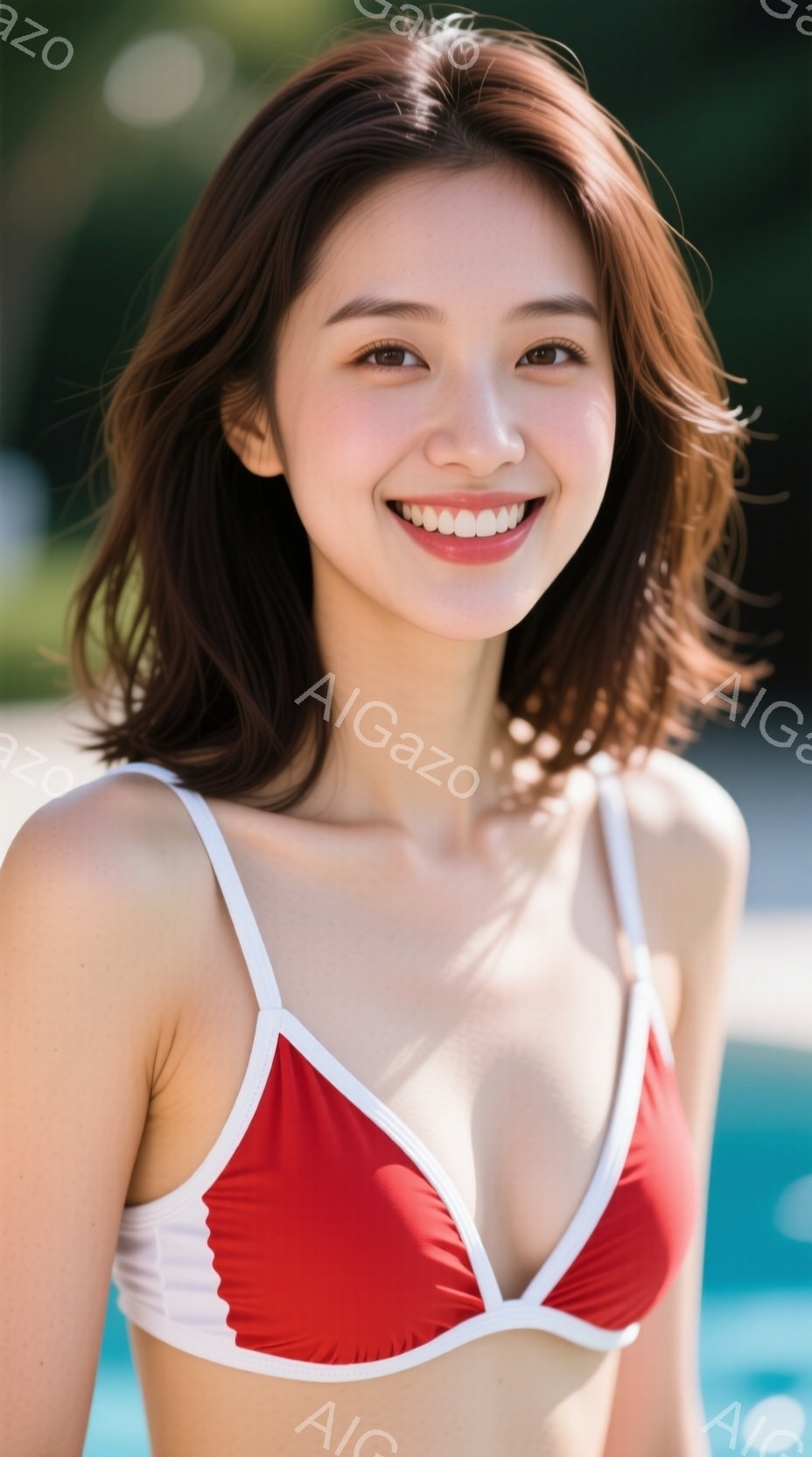 明るい笑顔を浮かべた若い女性が写っている。彼女は赤い縁取りの白いビキニトップを着ており、肩までの長さの茶髪が自然に肩にかかっている。背景には青いプールと緑豊かな植物が見え、晴れた日のリゾート地のような雰囲気を醸し出している。