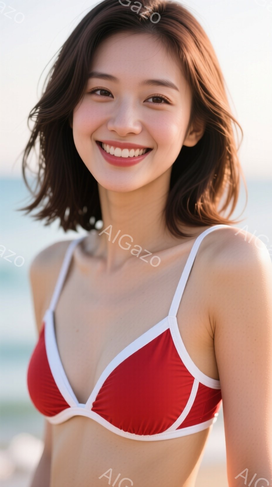 明るい笑顔の若い女性が、赤いバイカラーの水着（白いトリム付き）を着て写っています。彼女は肩を少し出して、自信に満ちた表情を浮かべています。背景には穏やかな海と白い砂浜が見え、晴れた日のリラックスした雰 - AI生成フリー素材