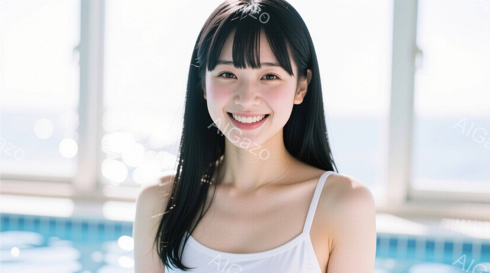 黒髪の女性がカメラに向かって微笑んでいます。白いキャミソールを着ており、髪は肩にかかる長さでストレートです。背景には、明るい光が差し込む青いプールと窓が見え、爽やかでリラックスした雰囲気を醸し出してい - AI生成フリー素材