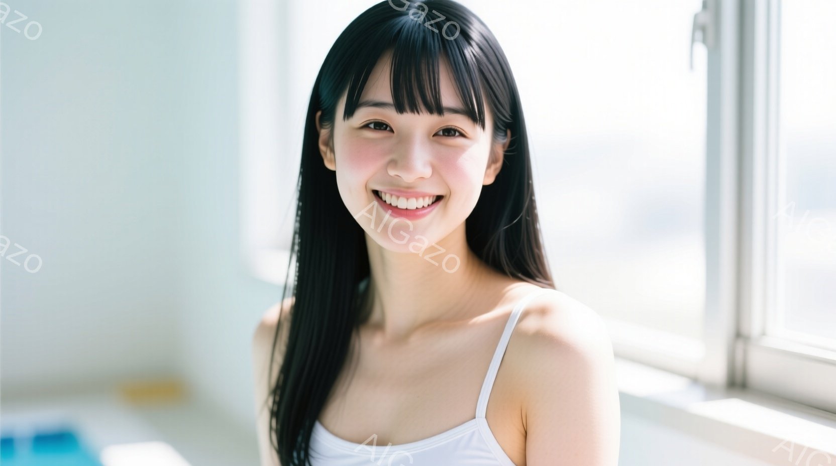 長い黒髪で前髪を揃えた若い女性が、白いタンクトップを着て笑顔でこちらを見ている。彼女は明るい室内で窓の近くに立ち、リラックスした姿勢で自然な表情を見せている。背景は白く、光が差し込んでおり、全体的に清 - AI生成フリー素材