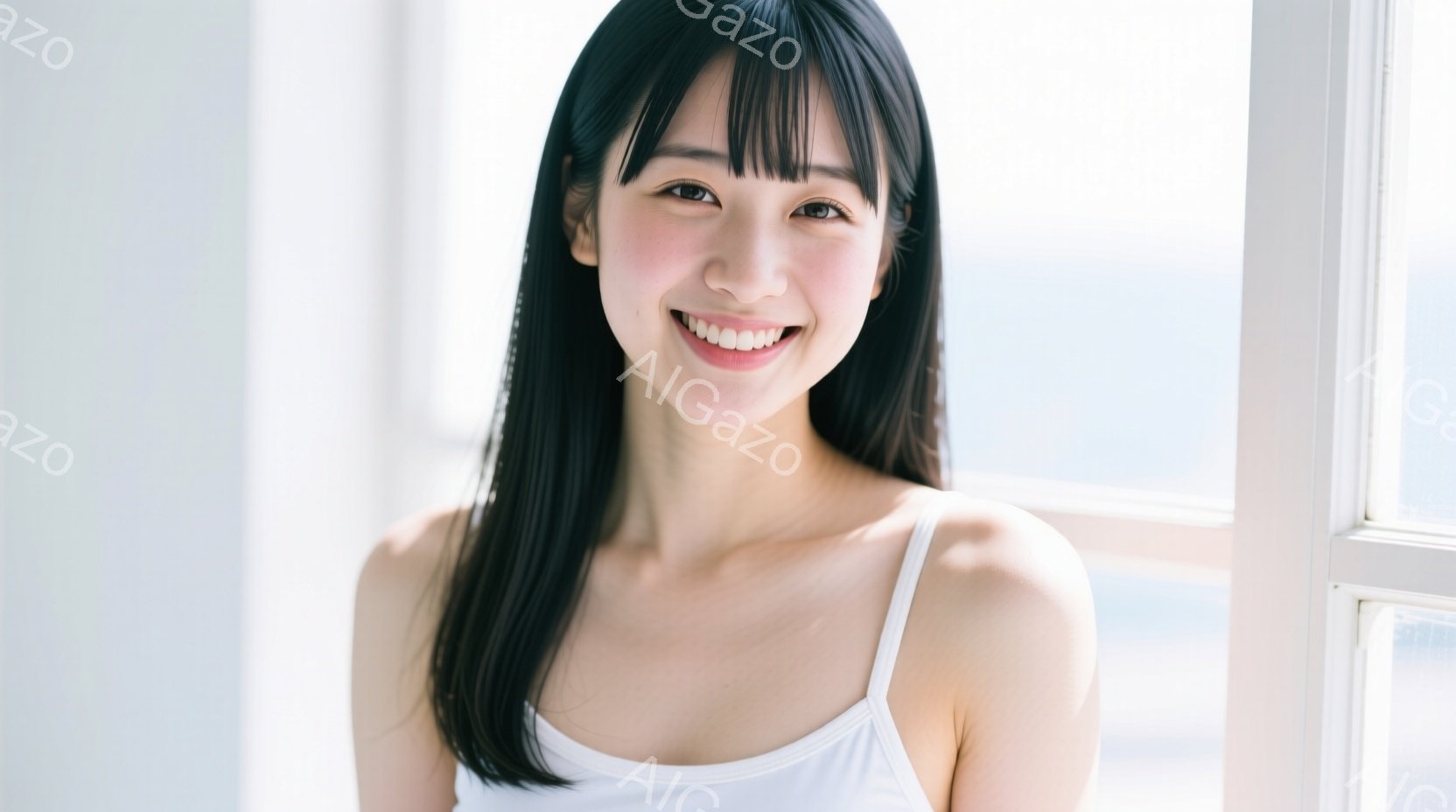 この女性は白いタンクトップを着て、長い黒髪をサイドに流しています。彼女は明るい笑顔でカメラを見つめ、リラックスした姿勢で立っています。背景は白い窓枠で、外にはぼやけた風景が見え、全体的に清潔感があり、 - AI生成フリー素材