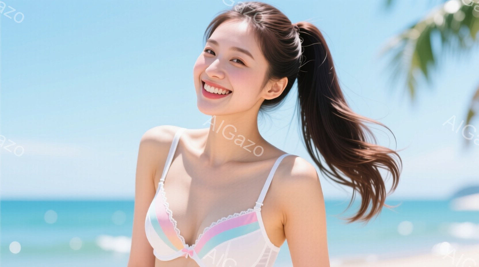 明るい青空の下、女性が微笑んでいます。彼女はストライプとパステルピンクのビキニトップを着ており、長い黒髪は後ろで高く結ばれています。背景には穏やかな青い海とヤシの木が見え、晴れた夏の日のリラックスした雰囲気を醸し出しています。