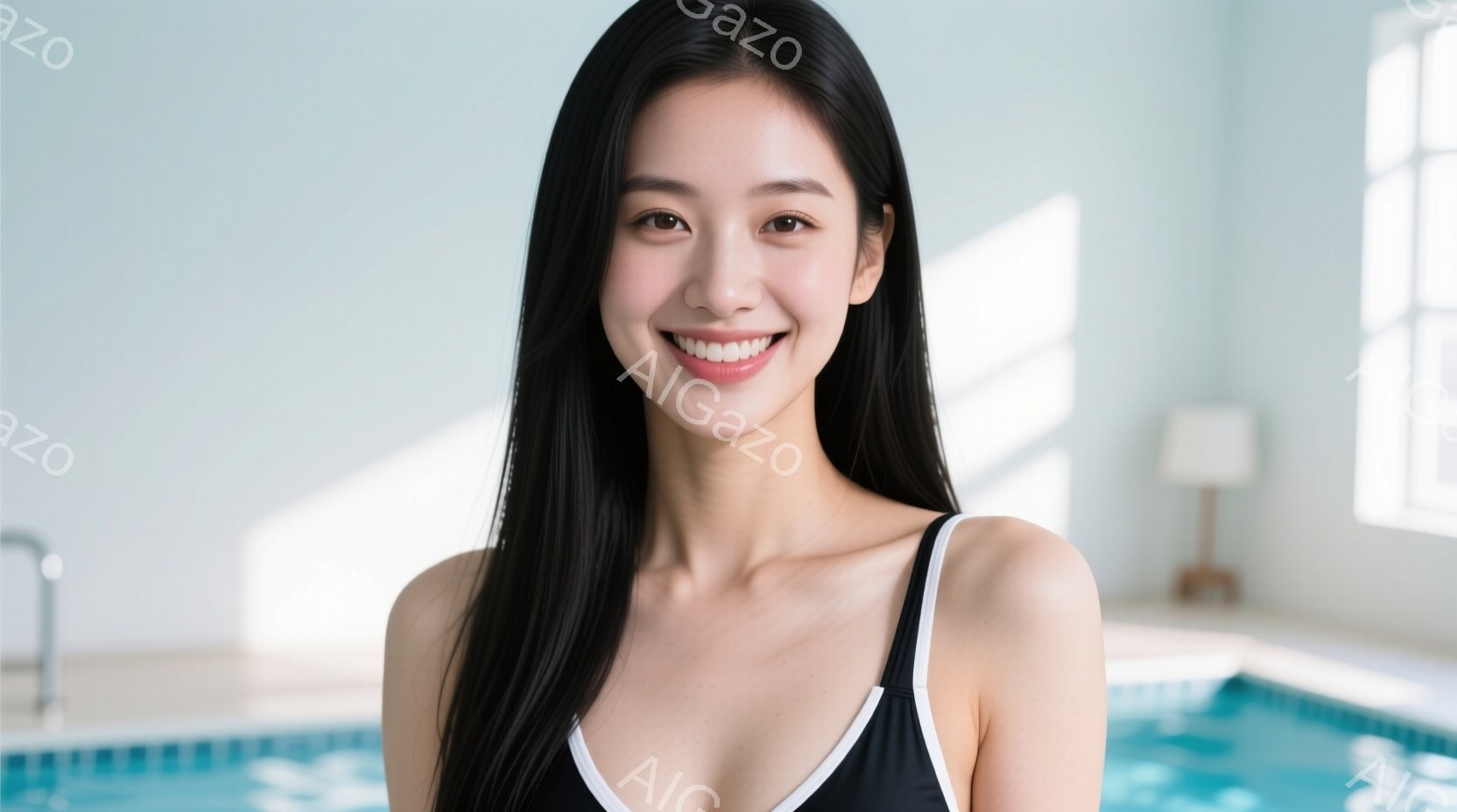 長い黒髪を肩にかけた女性が、水色の水泳プールを背景に微笑んでいます。彼女は黒い水着を着ており、明るい室内で自然な光が当たっています。背景には窓があり、穏やかでリラックスした雰囲気が漂っています。