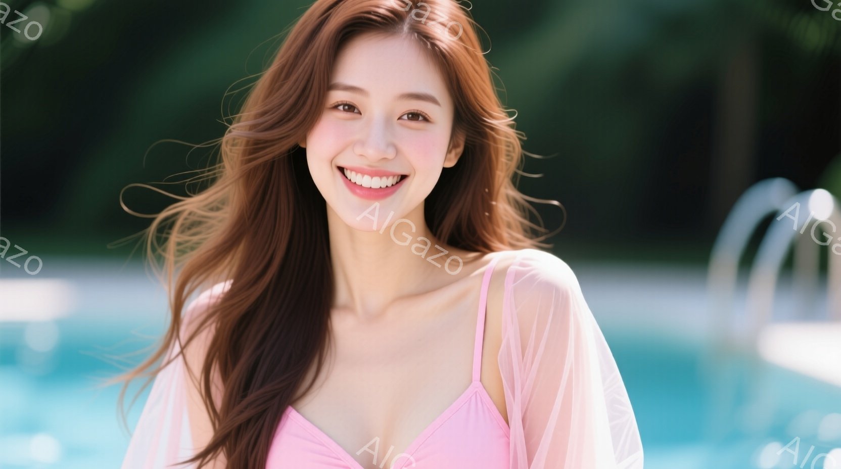 長い茶色の髪をなびかせ、ピンク色の水着に薄いピンク色のシアーなカバーアップを着た女性が写っています。彼女はカメラに向かって笑顔で、リラックスした姿勢で立っています。背景は明るい青色の水とわずかにぼやけた緑の植物で、明るく爽やかな夏の雰囲気を醸し出しています。