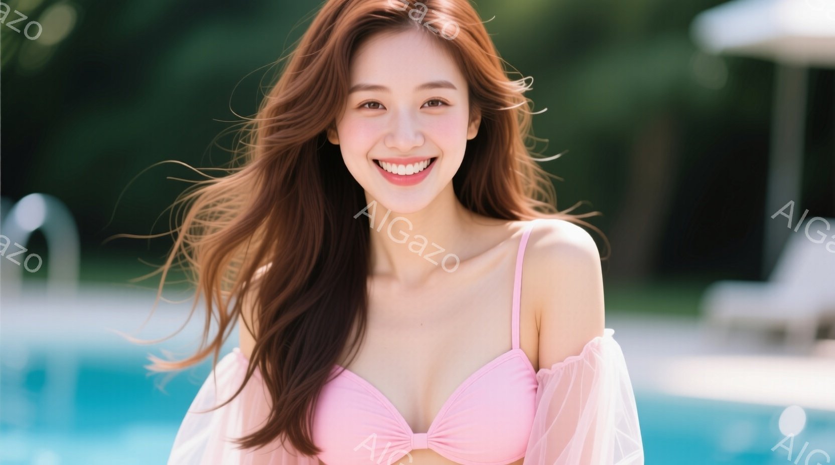 長い茶色の髪を広げ、ピンク色のビキニに半透明のケープを羽織った女性が写っている。彼女は満面の笑みを浮かべ、カメラの方を見ている。背景には青いプールと緑豊かな木々が見え、晴れた日のリゾート地の雰囲気が漂 - AI生成フリー素材