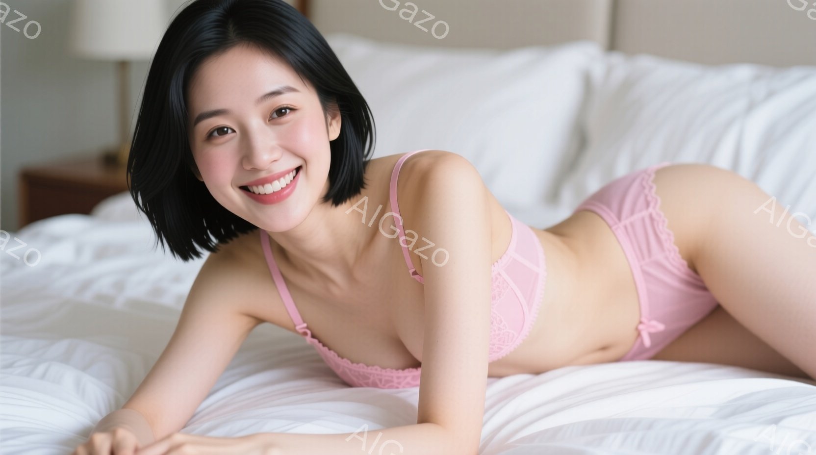 若い女性がピンク色の下着姿で白いベッドに横たわっています。彼女は短い黒髪で、微笑みを浮かべてカメラを見つめています。背景は明るく、控えめなベッドルームで、リラックスした雰囲気を醸し出しています。 - AI生成フリー素材