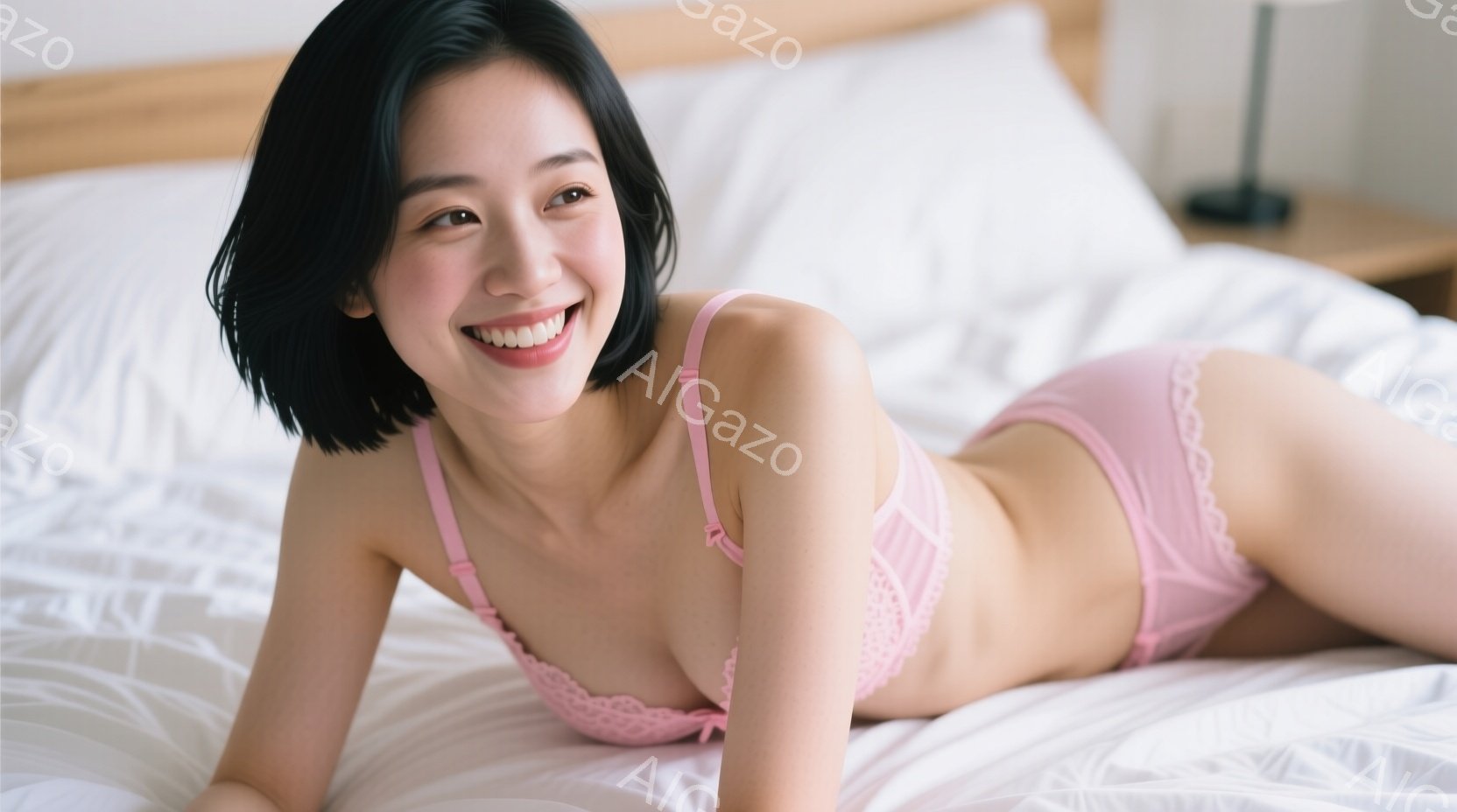 黒髪の女性がピンク色のレースのランジェリーを着て、白いベッドに横たわっています。彼女は笑顔でカメラを見つめ、リラックスした姿勢で体をねじっています。背景にはぼやけたベッドサイドテーブルと壁が見え、全体 - AI生成フリー素材