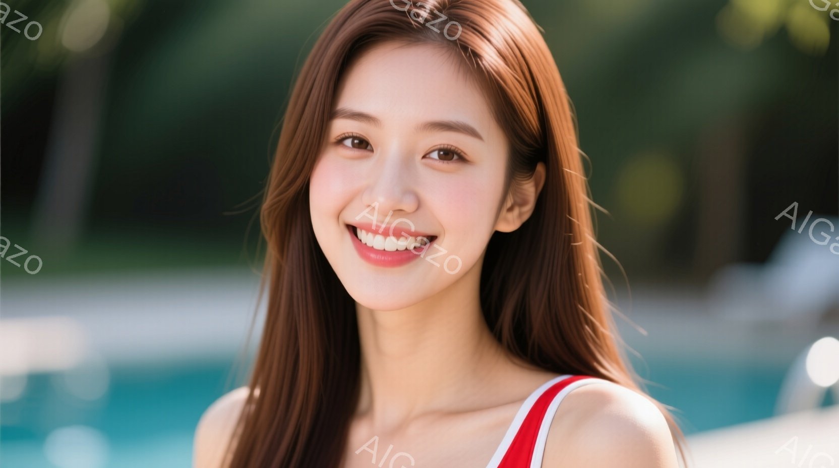 長い茶色の髪をストレートに伸ばした女性が、白いタンクトップと赤いストラップの服を着ています。彼女は満面の笑みを浮かべ、カメラに向かって少し顔を傾けています。背景にはぼやけた青い水面と緑豊かな植物が見え - AI生成フリー素材