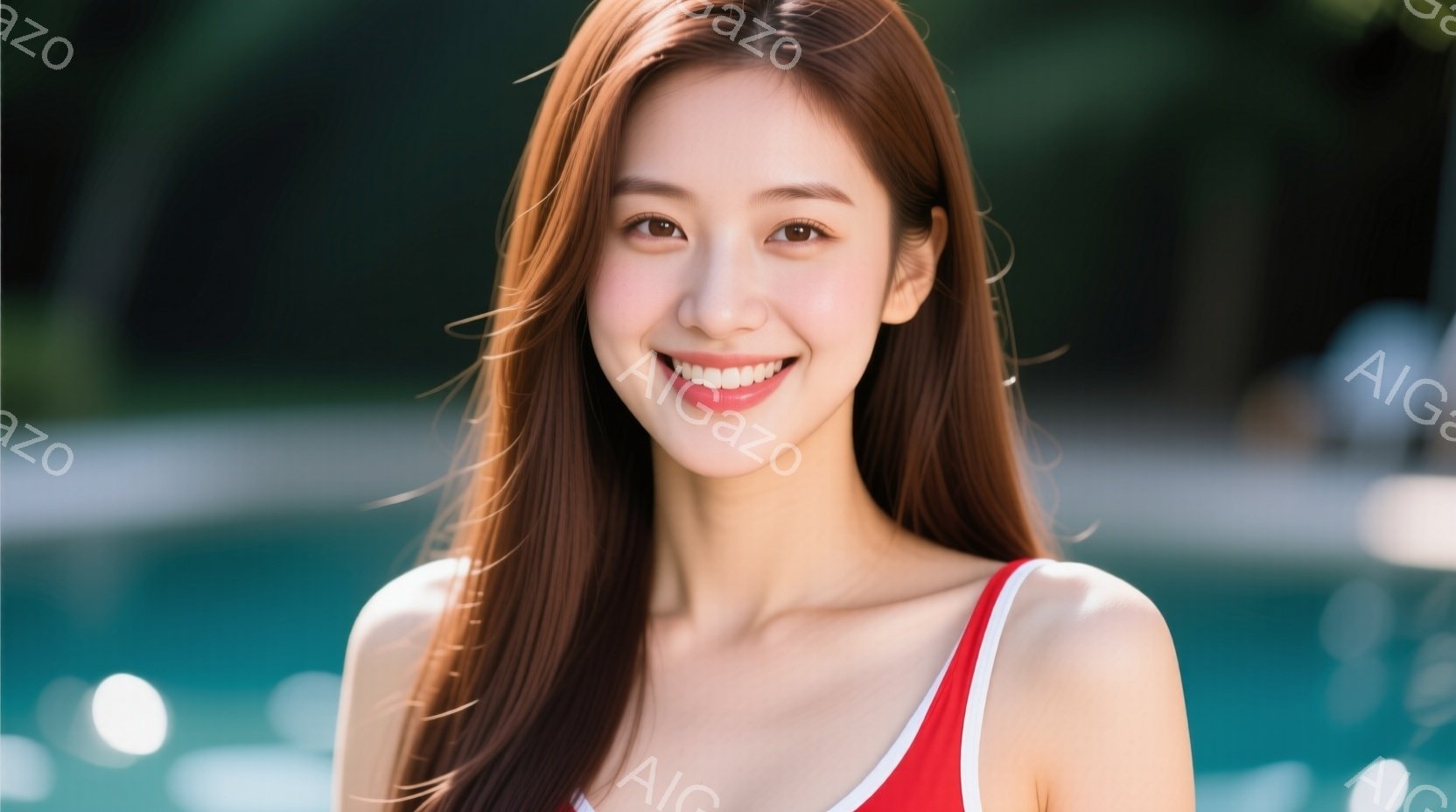 長い茶色の髪が肩にかかる女性が写っています。彼女は赤いタンクトップのような服を着ており、笑顔でカメラを見つめています。背景は水色の水面で、緑の植物がぼやけて見え、夏の穏やかな雰囲気を醸し出しています。 - AI生成フリー素材