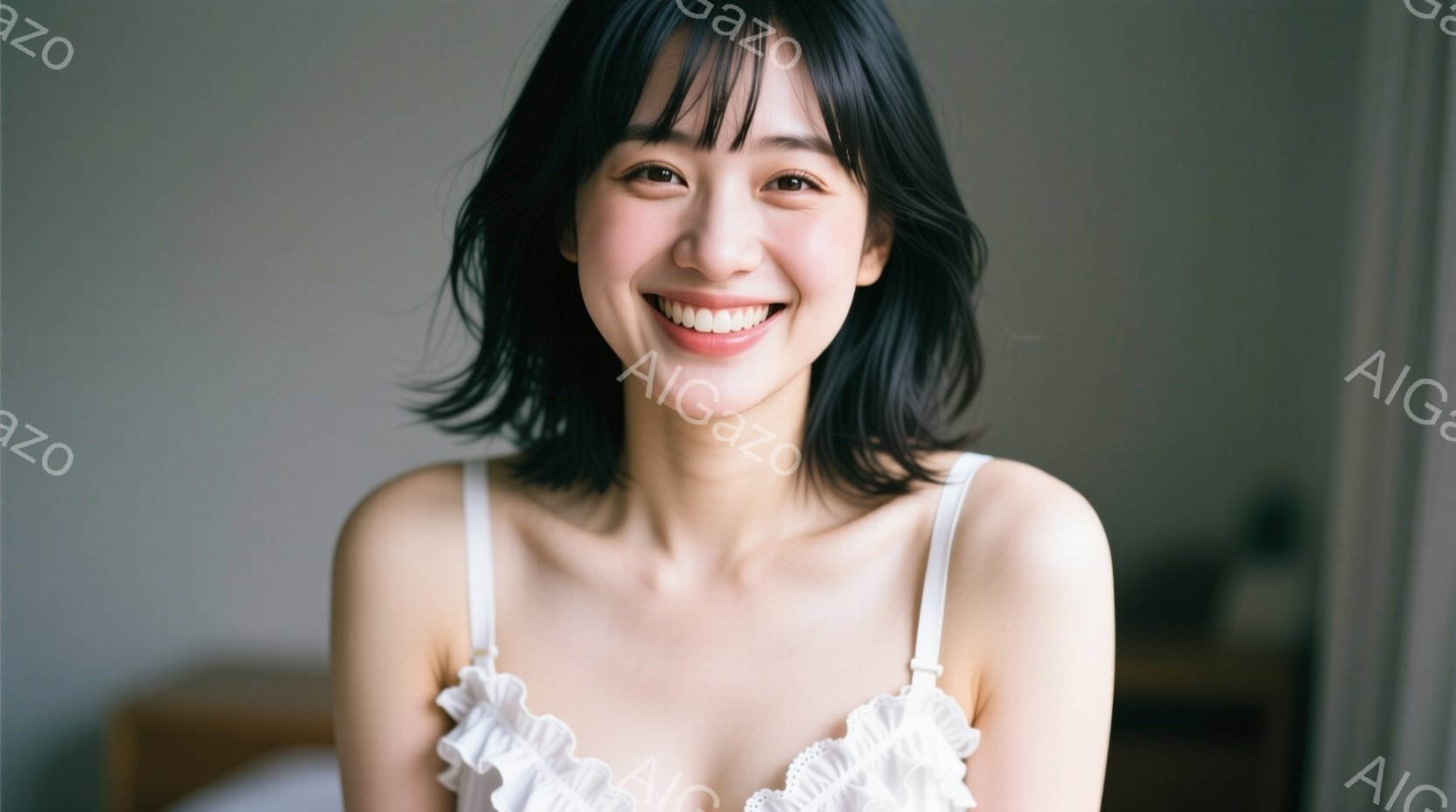黒髪で前髪のある若い女性が、白いキャミソールを着て微笑んでいます。彼女はカメラに向かって少し首を傾け、リラックスした姿勢で立っています。背景はぼやけていますが、ベッドとカーテンの一部が見え、柔らかく暖 - AI生成フリー素材