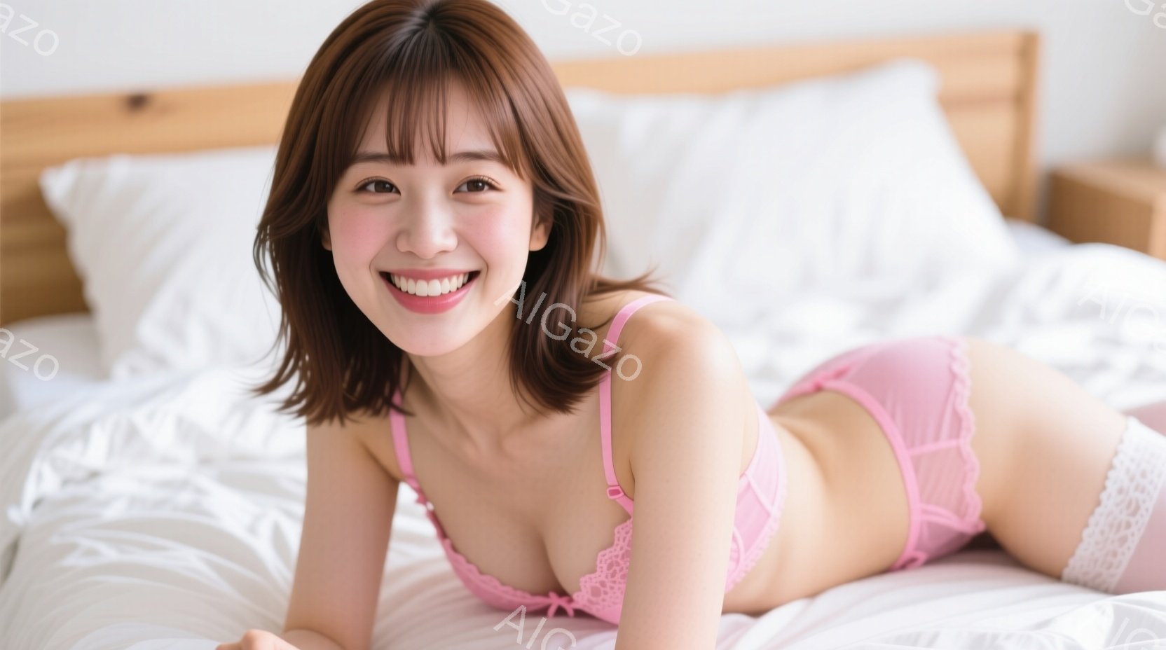 明るい笑顔の若い女性が、ピンク色のレースのブラジャーとショーツのセットを身に着けてベッドに横たわっています。彼女は肩までの長さの茶色の髪をしており、リラックスした姿勢でカメラに向かって微笑んでいます。 - AI生成フリー素材