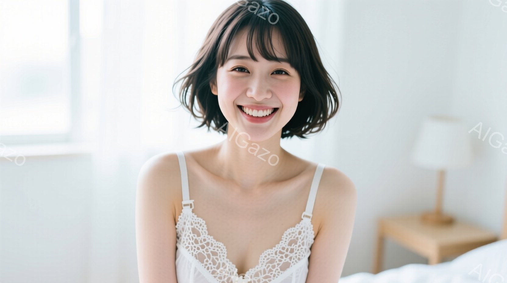 浅いブラウン系のヘアスタイルで、前髪は目にかかる程度にカットされた女性が写っています。白いレースのキャミソールを着ており、満面の笑顔でカメラを見ています。背景は明るい部屋の一部で、木製のナイトスタンド - AI生成フリー素材