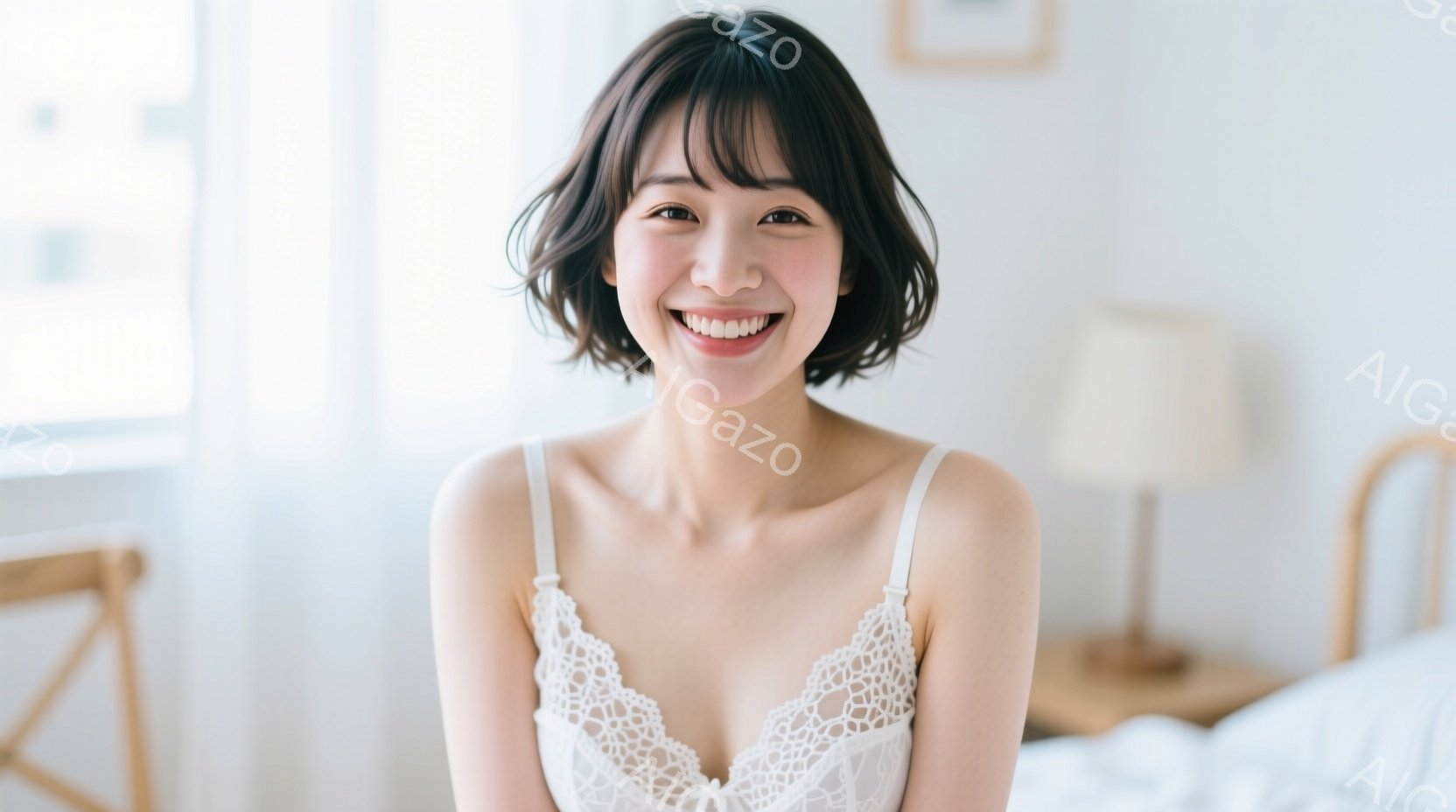 明るい笑顔を浮かべた若い女性が写っている。白いレースのキャミソールを着ており、短めの黒髪は内側にカールしている。背景には、ベッドの一部と、ぼんやりとした家具が見え、部屋全体が柔らかく明るい雰囲気である - AI生成フリー素材