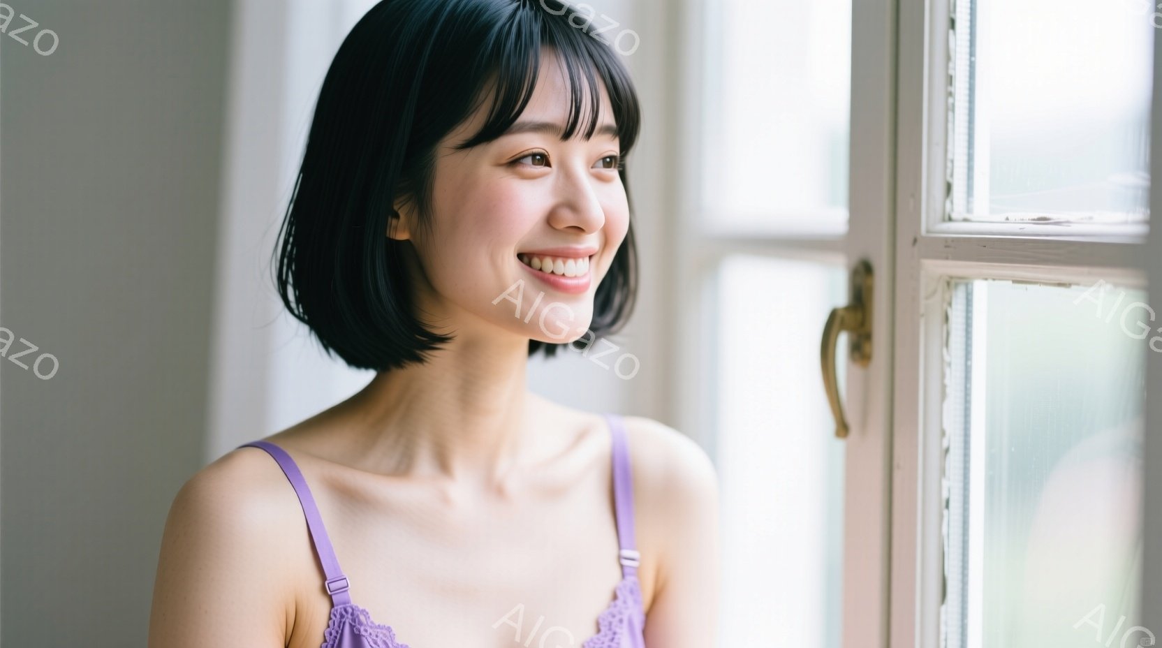 短い黒髪で、前髪が目に少しかかる女性が写っている。淡い紫色のキャミソールを着ており、柔らかい笑顔を浮かべている。窓の光が差し込み、背景にはぼやけた窓枠が見え、穏やかで優しい雰囲気が漂っている。