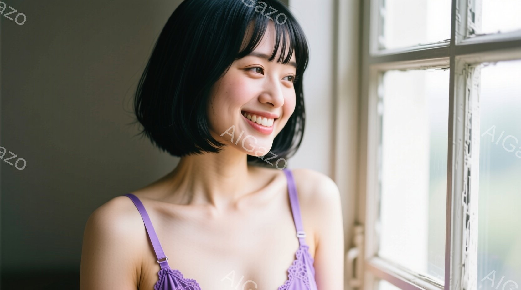 短い黒髪の女性が窓のそばで微笑んでいます。彼女は紫色のレースのキャミソールを着ており、明るい表情でどこかを見つめています。背景はぼやけており、白い壁と窓枠がわずかに見えますが、全体的に柔らかく穏やかな - AI生成フリー素材