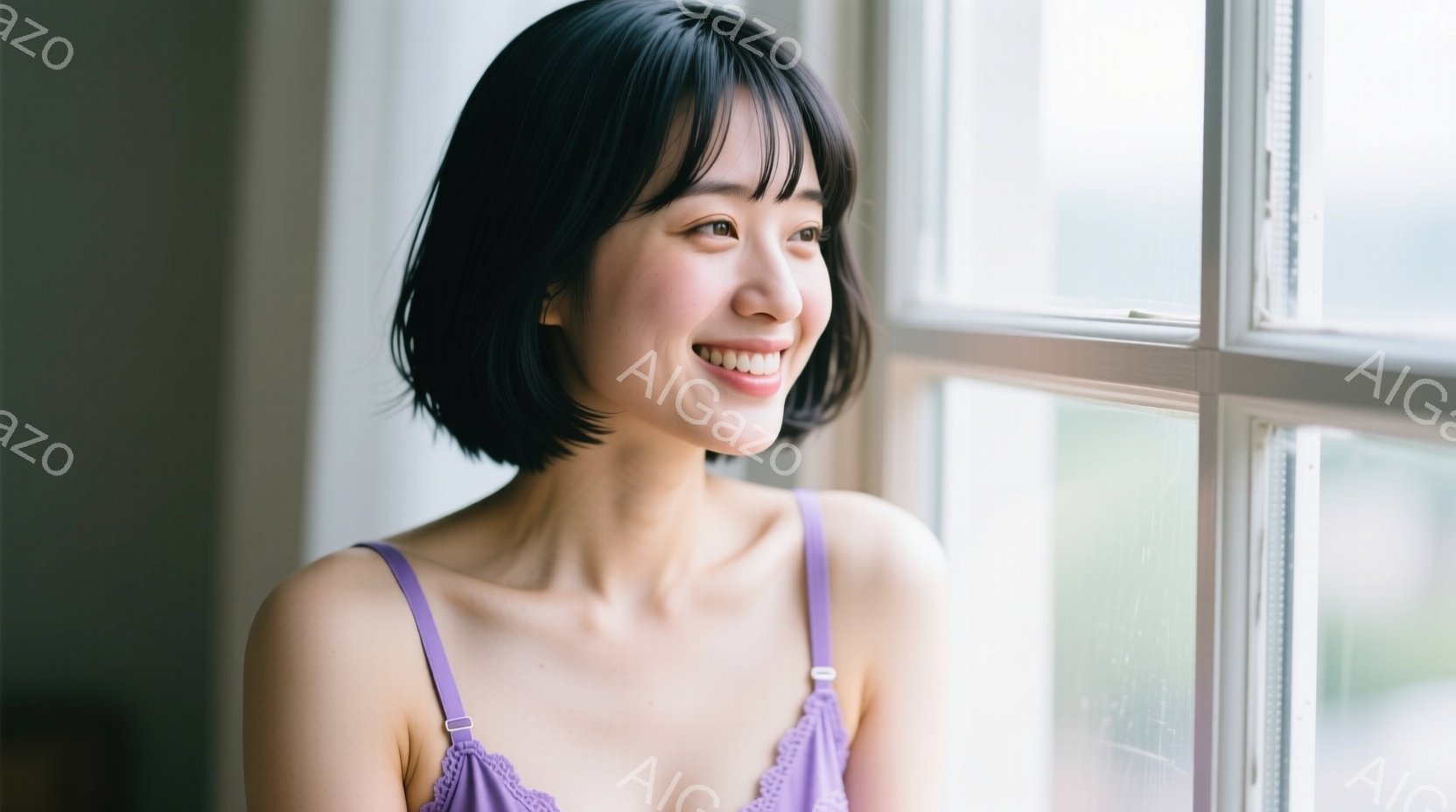 短い黒髪の女性が窓辺に立っており、紫色のキャミソールを着ています。彼女は微笑んでおり、少し横を向いて、どこかを見つめているようです。背景には緑豊かな植物が見え、明るい自然光が差し込んでおり、穏やかでリ - AI生成フリー素材