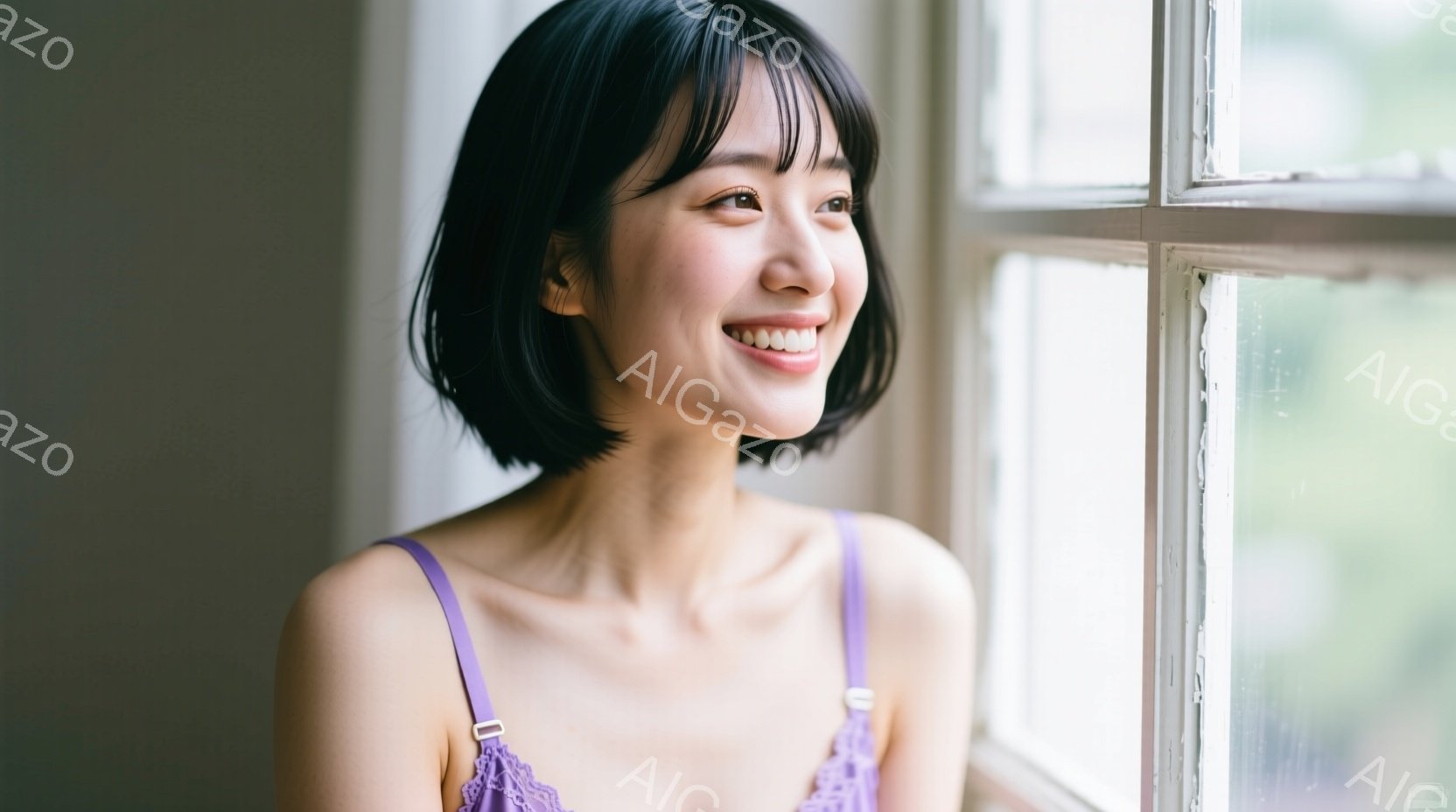 ショートヘアの女性が窓辺に立っており、紫色のレースのキャミソールを着ています。彼女は微笑んでおり、どこか遠くを見つめています。背景には緑豊かな植物が見え、柔らかな光が差し込み、穏やかでリラックスした雰 - AI生成フリー素材