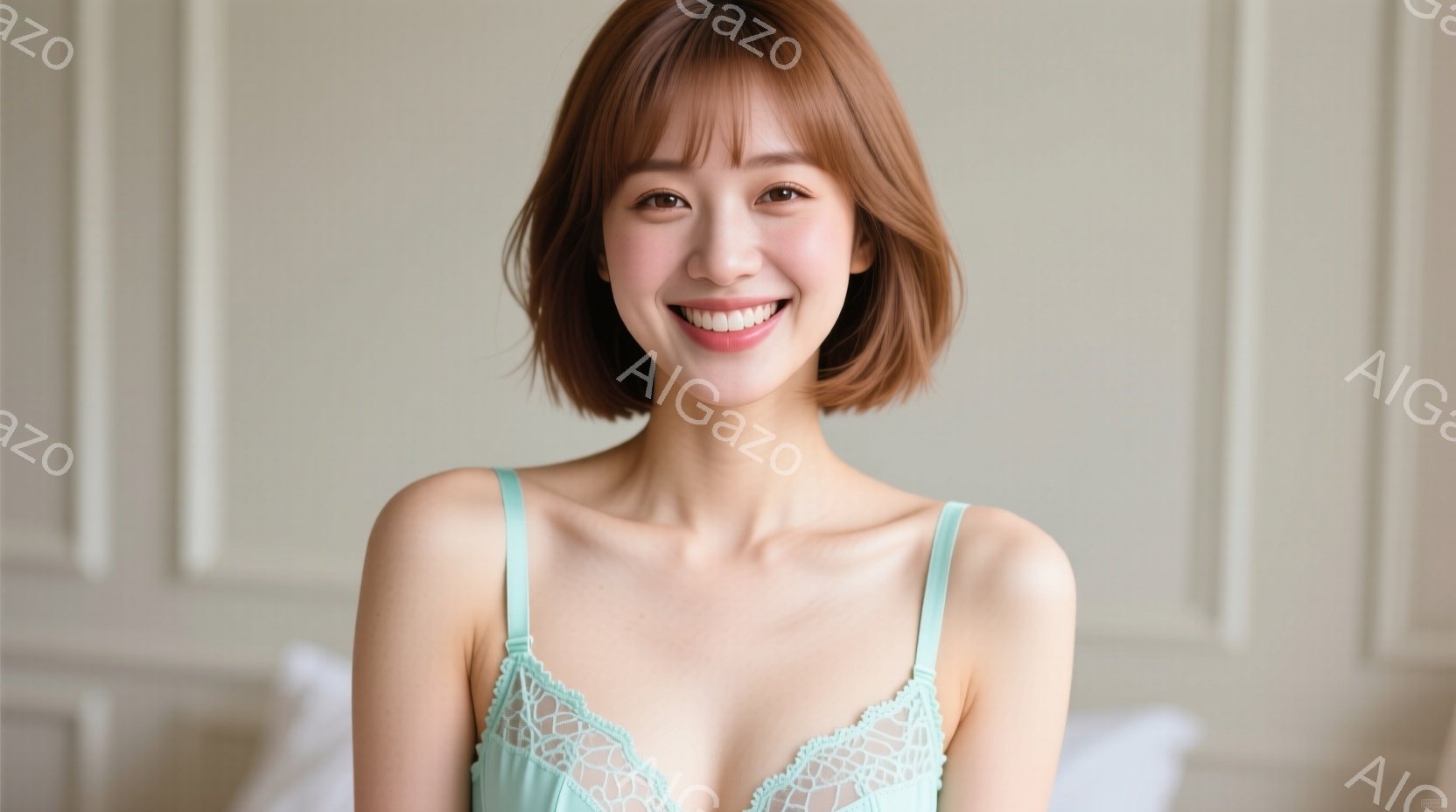 明るい茶髪のボブヘアの女性が、ターコイズブルーのレースのキャミソールを着て微笑んでいます。彼女は正面を向き、わずかに首を傾けており、柔らかく優しい表情をしています。背景はオフホワイトの壁で、全体的に穏 - AI生成フリー素材