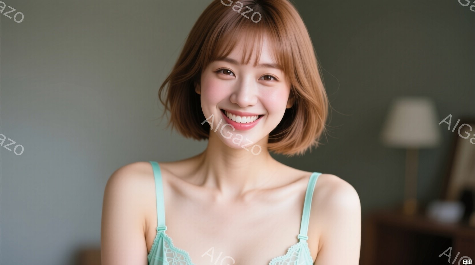 明るい茶髪のショートヘアの女性が、淡い水色のレースのキャミソールを着ています。彼女は微笑んでおり、リラックスした雰囲気で正面を向いています。背景には、ぼやけた木製の家具と壁が見え、室内であることがわか - AI生成フリー素材