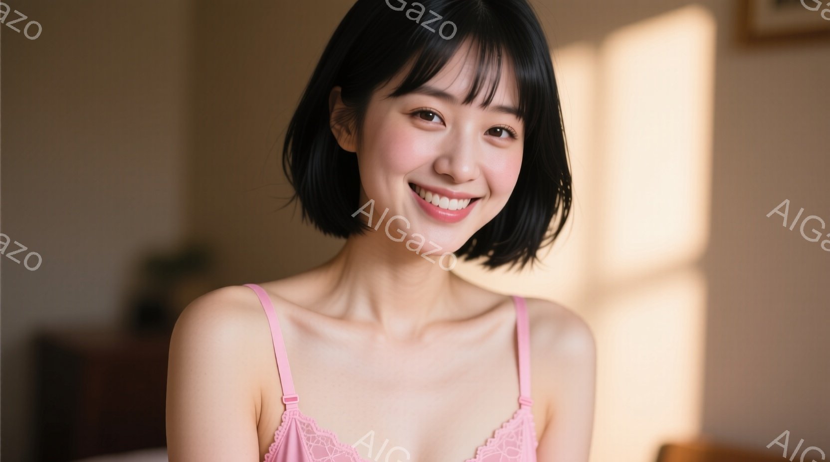 明るい室内で、短い黒髪の女性が微笑んでいます。ピンク色のレースのキャミソールを着ており、リラックスした姿勢でカメラを見ています。背景はぼやけており、自然光が差し込む暖かい雰囲気です。 - AI生成フリー素材