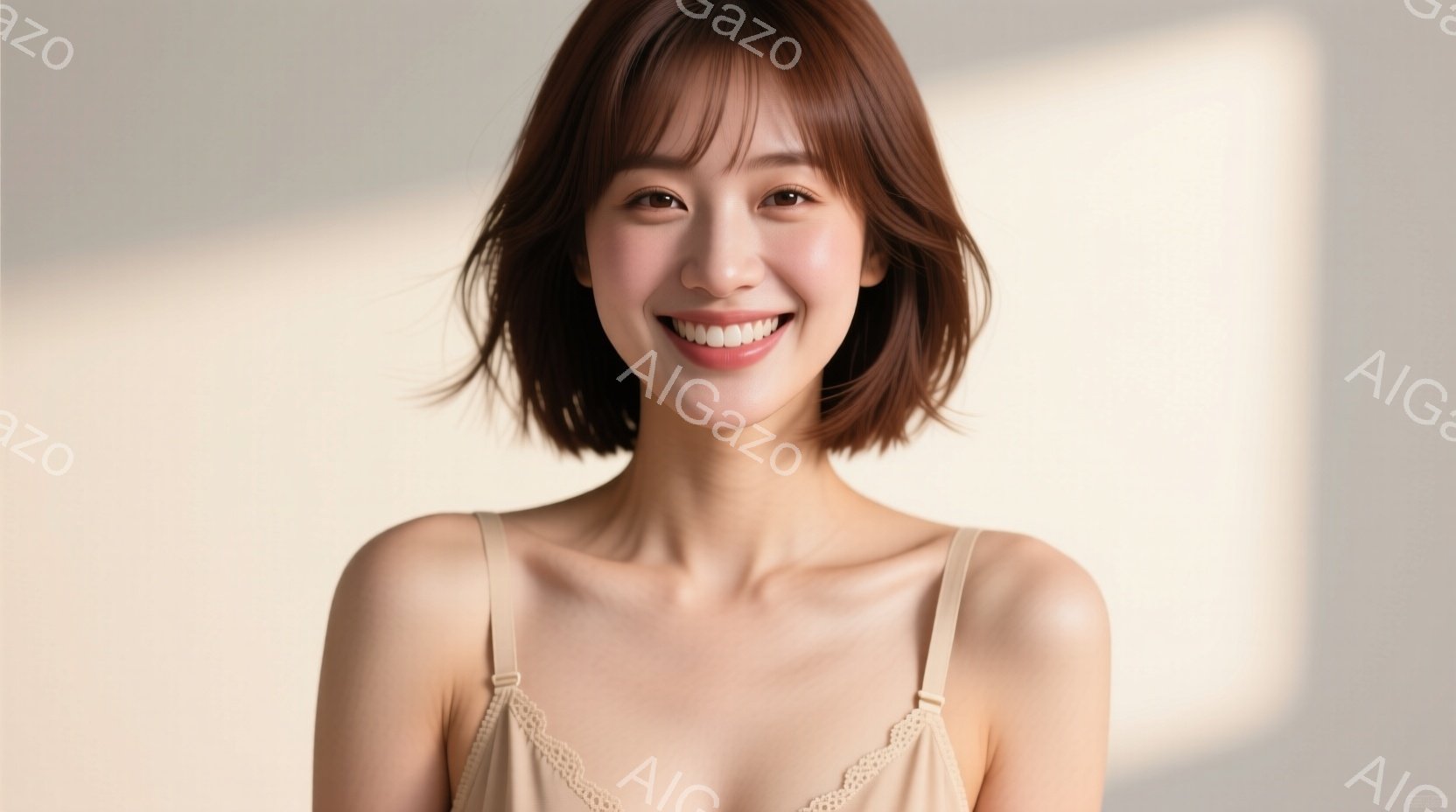 この女性は、肩出しのベージュ色のキャミソールを着て、明るい笑顔を浮かべています。髪は肩にかかる程度の長さの茶髪で、軽くレイヤーがかかっています。背景は明るいベージュ色で、柔らかい光が彼女を照らし、全体 - AI生成フリー素材