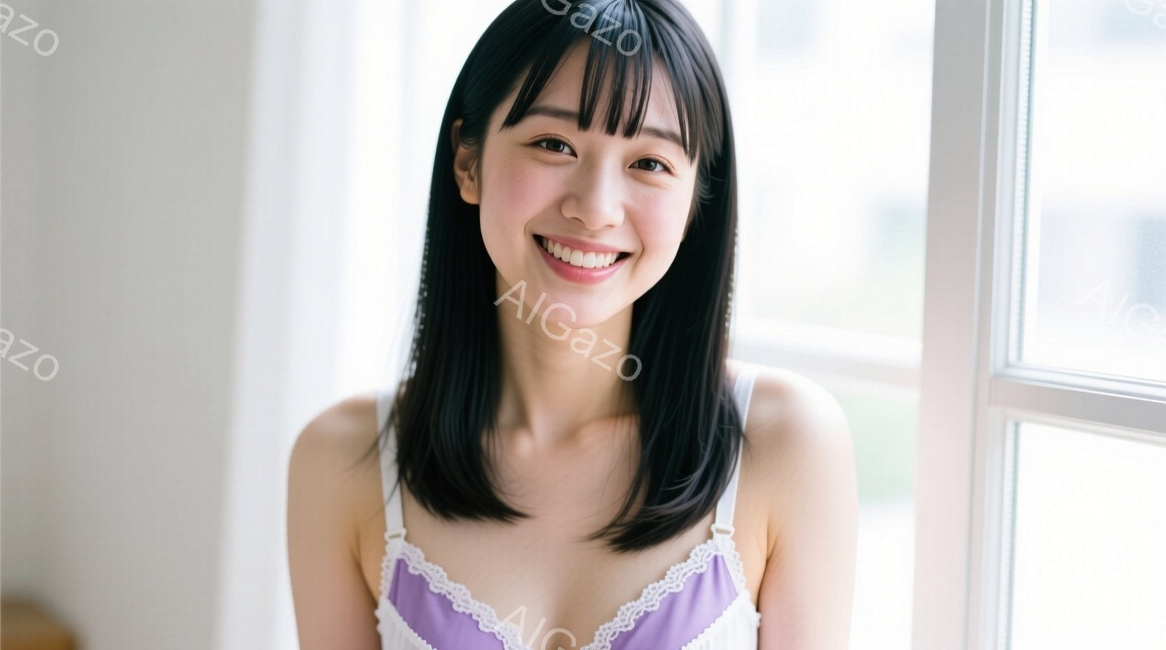 黒髪の女性が窓辺に立っており、紫色のキャミソールを着ています。彼女は微笑んでおり、自然な笑顔が印象的です。背景はぼやけていますが、窓枠と白い壁が見え、全体的に明るく穏やかな雰囲気です。 - AI生成フリー素材