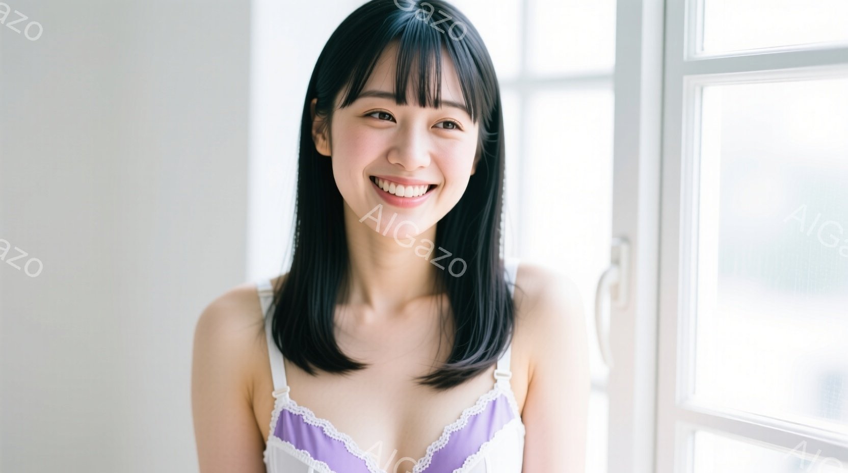 黒髪の女性が、窓辺で微笑んでいます。彼女は淡い紫色のキャミソールを着ており、前髪を少し長めに残したストレートヘアが印象的です。背景は白く、自然光が差し込んでいて、全体的に清潔で明るい雰囲気が漂っていま - AI生成フリー素材