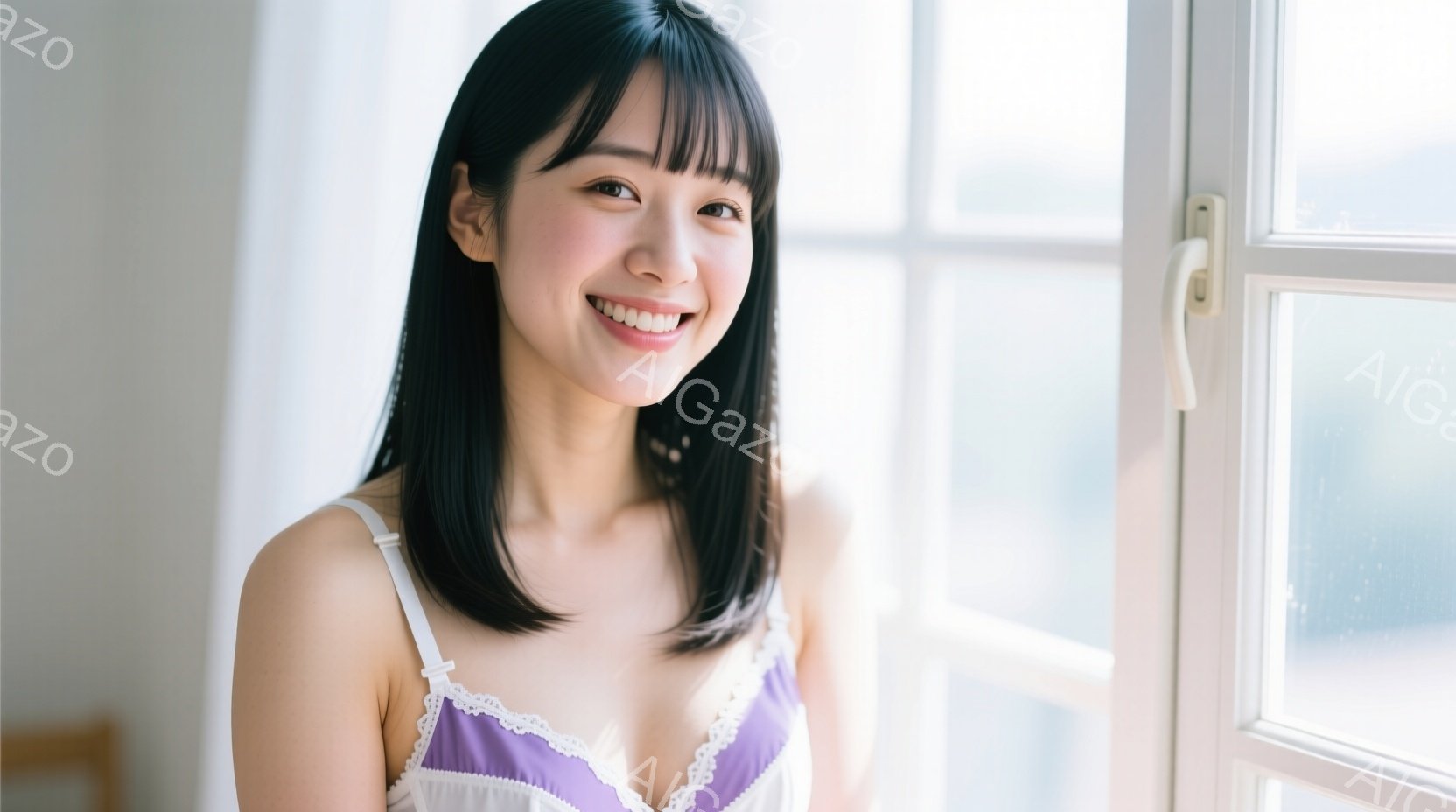 黒髪の女性が、紫色のレースのキャミソールを着て、窓辺に立って微笑んでいます。彼女はストレートで肩にかかる長さの髪を持ち、明るい笑顔でカメラを見ています。背景には白い窓枠とぼんやりとした風景が見え、全体 - AI生成フリー素材