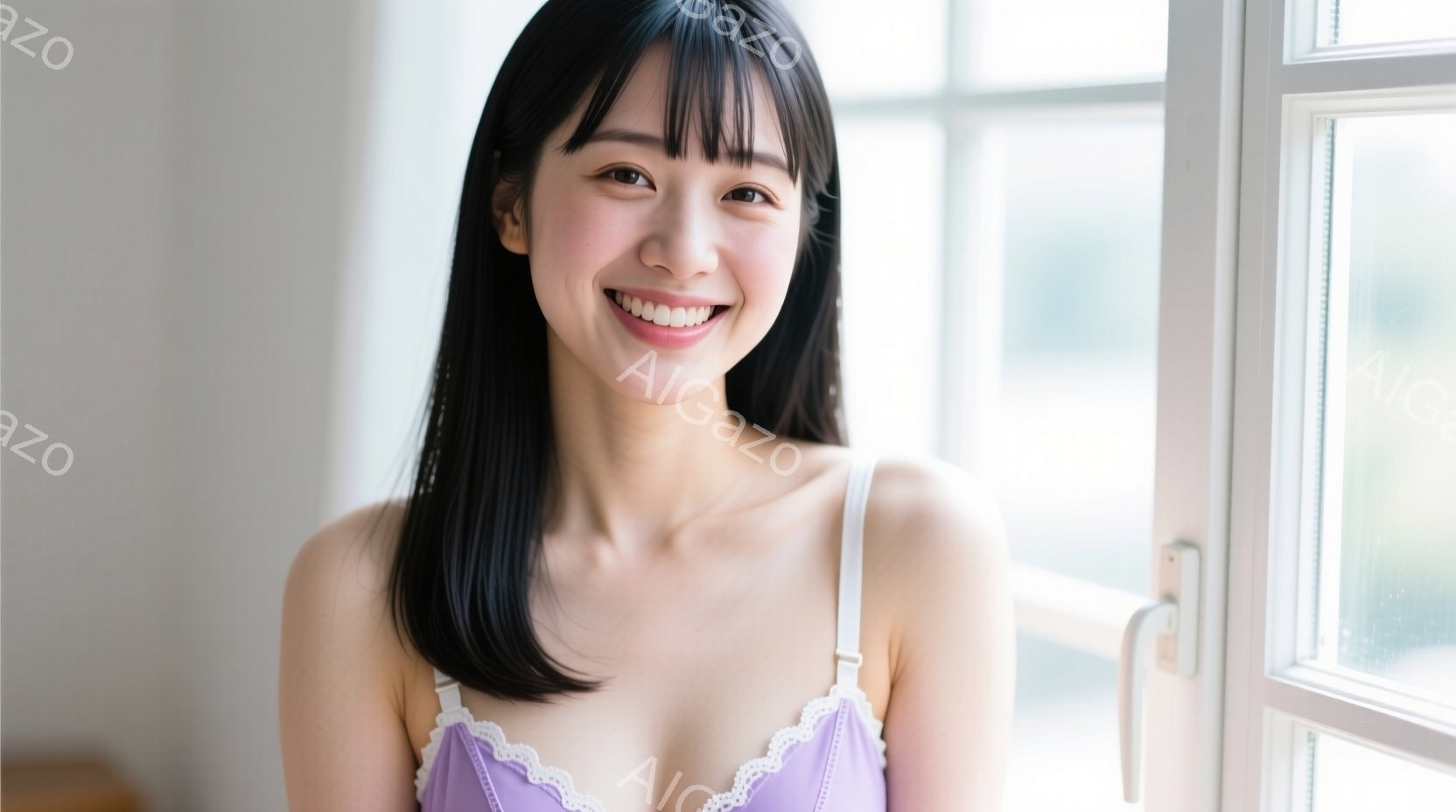 黒髪の女性が、窓の前に立って微笑んでいます。淡い紫色のキャミソールを着ており、髪は肩にかかる程度の長さで、前髪は眉毛のあたりで切り揃えられています。背景には窓枠とぼんやりとした外の景色が見え、全体的に - AI生成フリー素材