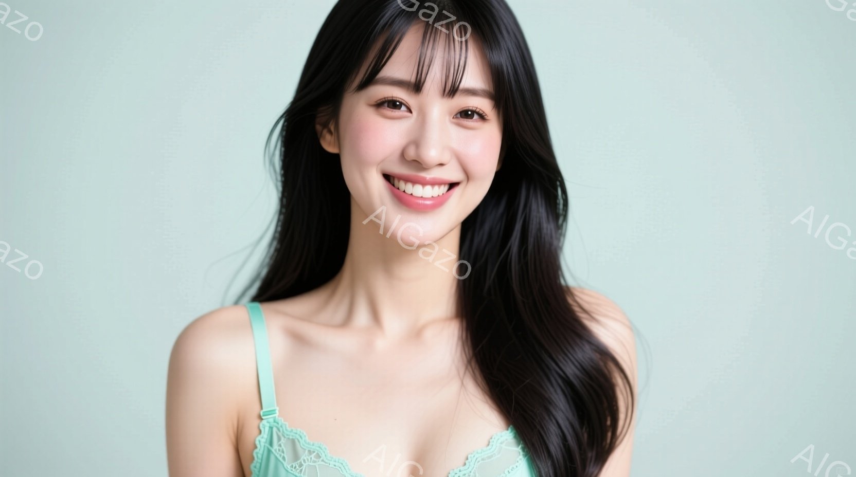 長い黒髪で、前髪は眉毛のあたりでカットされた若い女性が写っています。淡い緑色のレースのブラレットを着用し、笑顔でカメラを見ており、明るく優しい雰囲気を醸し出しています。背景は淡い色で統一されており、人 - AI生成フリー素材