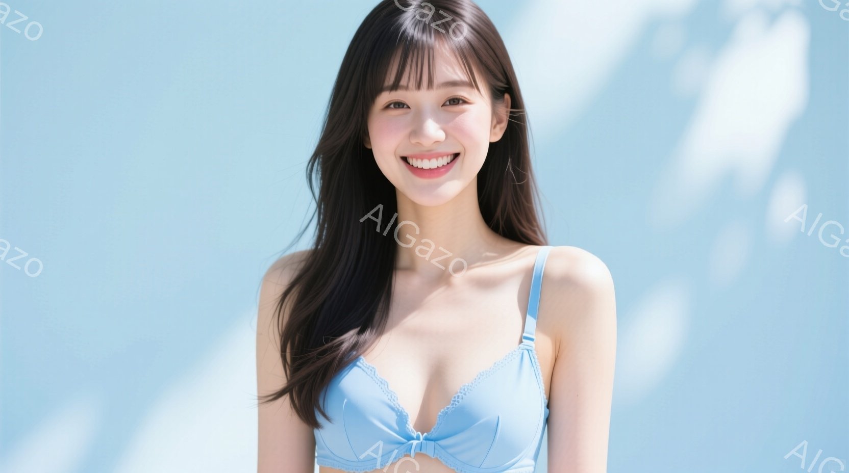 長い黒髪の女性が、明るい水色のブラレットを着て正面を向いています。彼女は微笑んでおり、リラックスした姿勢で、背景には淡い青色の光と影が差し込んでいます。全体的に明るく清潔感のある、穏やかな雰囲気が漂っ - AI生成フリー素材