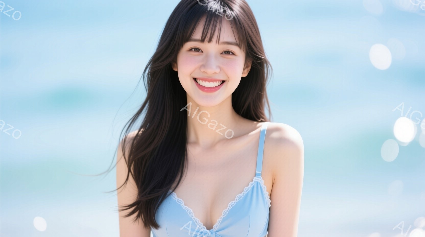 長い黒髪で、前髪が眉毛にかかるようにカットされた女性が写っています。水色のキャミソールを着用し、満面の笑みを浮かべて正面を見つめています。背景はぼやけた青い海で、晴れた日の穏やかな雰囲気が漂っています - AI生成フリー素材