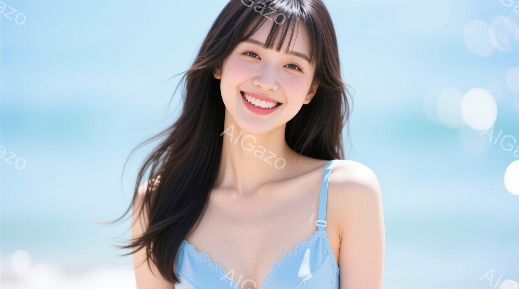 長い黒髪の女性が、淡い水色のキャミソールを着て微笑んでいます。彼女はわずかに首を傾け、リラックスした雰囲気で正面を見つめています。背景は明るい青空と海で、光がキラキラと輝き、夏らしさを感じさせます。 - AI生成フリー素材