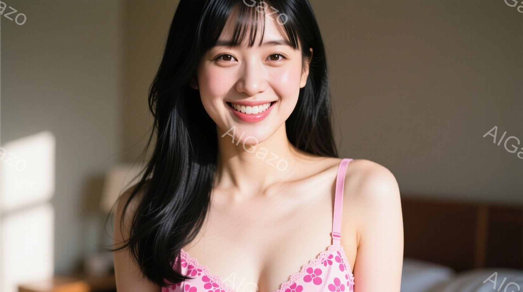 黒髪で前髪のある女性が、ピンク色のレースのキャミソールを着て微笑んでいます。彼女はリラックスした姿勢で座っており、背景にはぼやけたベッドと壁が見えます。 全体的に、温かく、親しみやすい雰囲気のポートレ - AI生成フリー素材