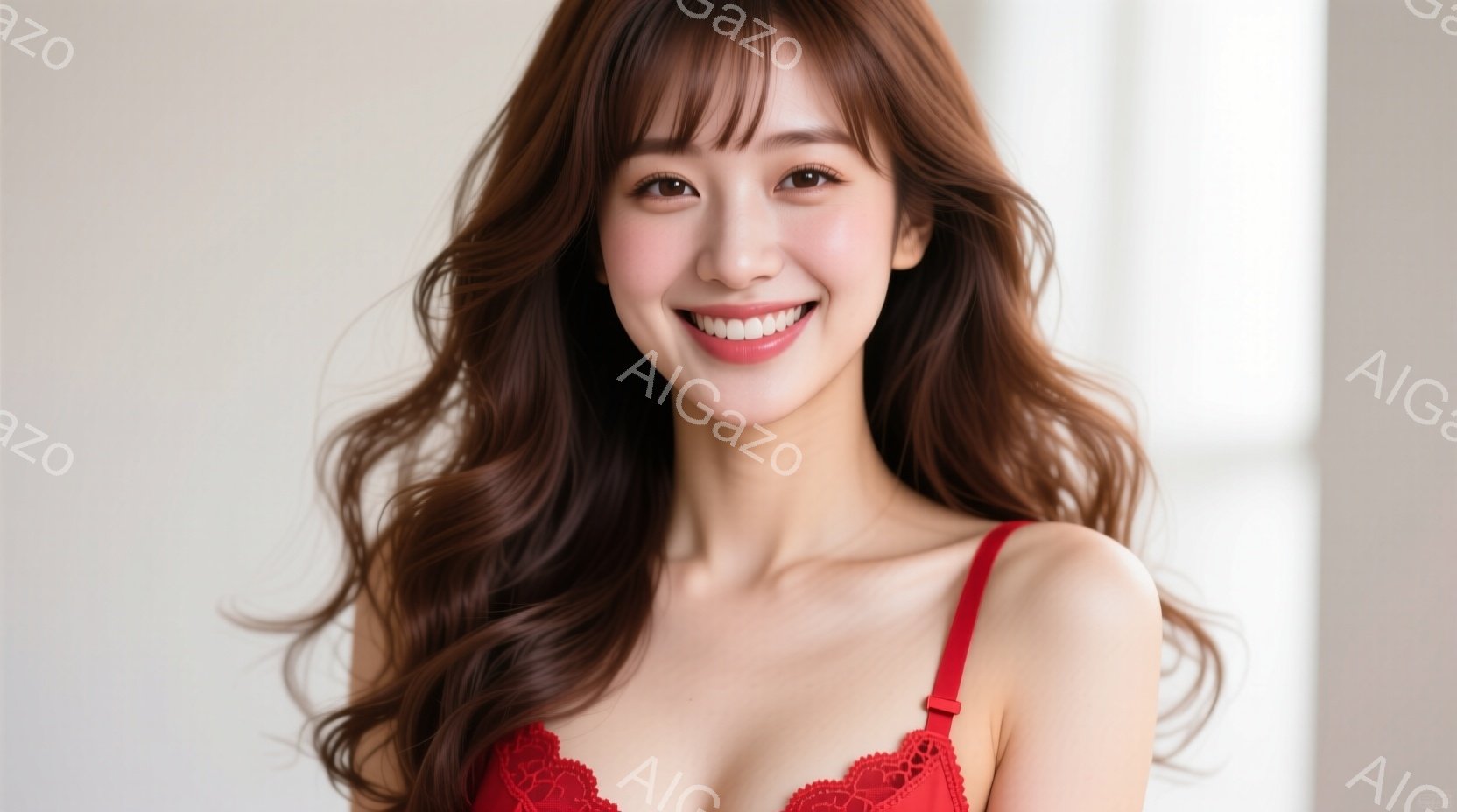赤いレースのブラレットを着た若い女性が写っています。彼女は長い茶色のカールした髪を持ち、明るい笑顔でカメラを見つめています。背景はぼやけた光が差し込む白い壁で、全体的に暖かく、親しみやすい雰囲気が漂っ - AI生成フリー素材