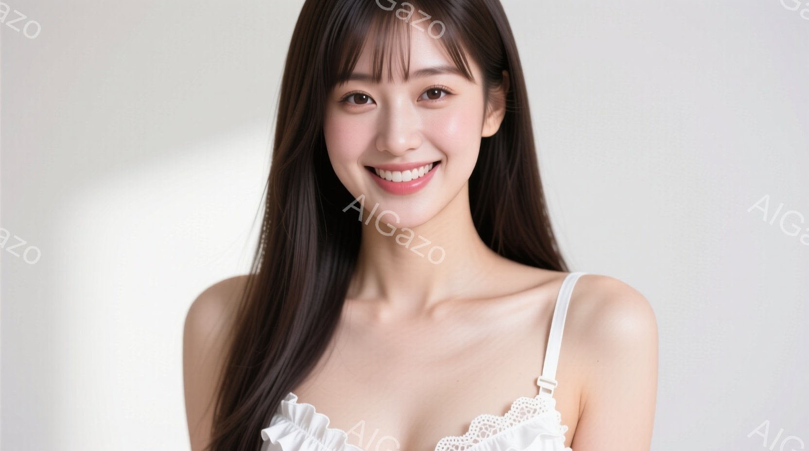 長い黒髪で、前髪は眉毛にかかるように切り揃えられています。白いレースのキャミソールを着ており、顔には明るい笑顔が浮かんでいます。背景は白く、人物が際立っており、全体的に清潔感があり、明るい雰囲気が漂っ - AI生成フリー素材