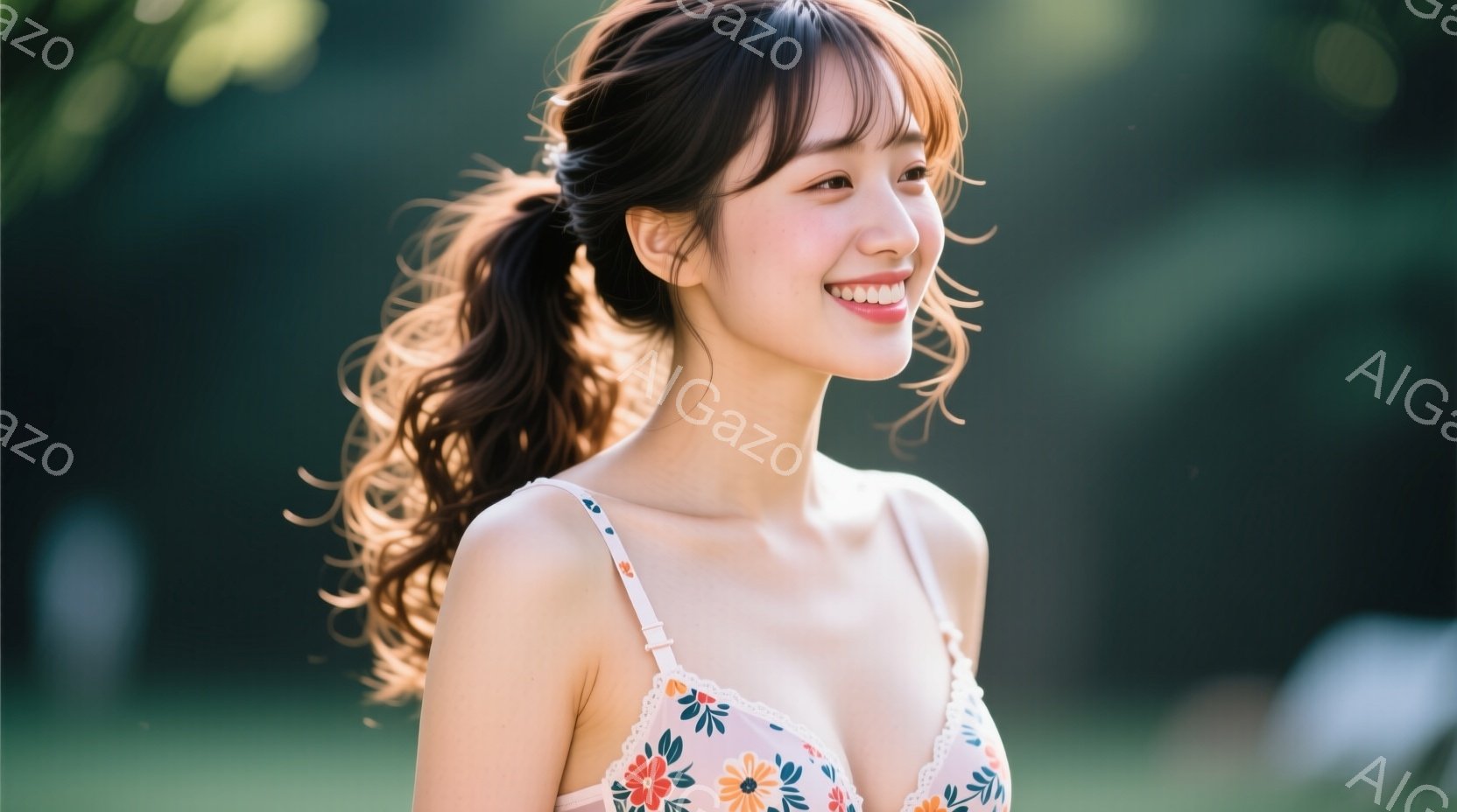 明るい笑顔を見せる若い女性が写っています。彼女は花柄のキャミソールワンピースを着ており、髪はゆるいカールで高い位置でポニーテールに結ばれています。背景は緑豊かな自然で、柔らかな光が差し込み、全体的に温 - AI生成フリー素材