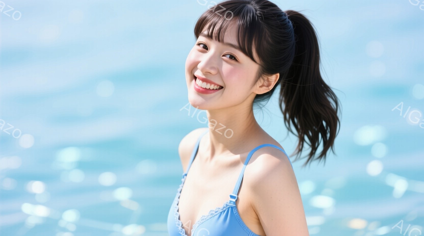 浅い青色の水着を着た若い女性が、明るい笑顔でカメラを見つめている。彼女は髪を高くポニーテールにし、リラックスしたポーズで立っている。背景は水面で、太陽光が反射してキラキラと輝いており、爽やかで夏らしい - AI生成フリー素材