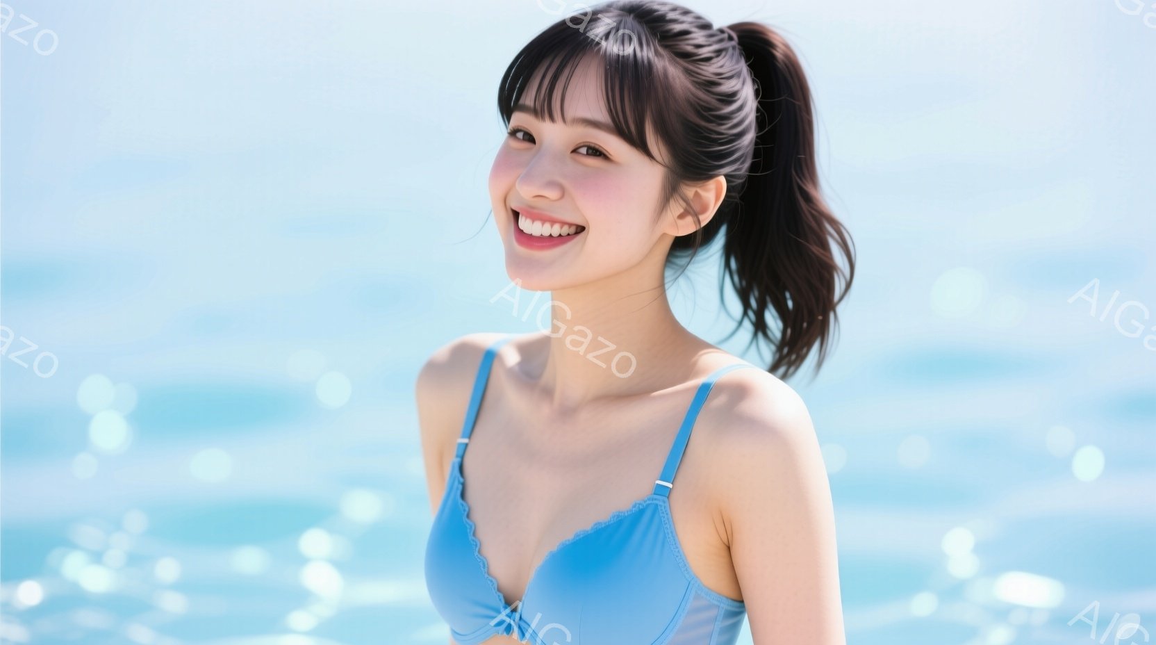 明るい青色のビキニトップスを着た若い女性が写っています。彼女は微笑んでおり、長い黒髪は後ろでポニーテールに結ばれています。背景はキラキラと輝く青い海で、晴れた日のビーチの爽やかな雰囲気を醸し出していま - AI生成フリー素材